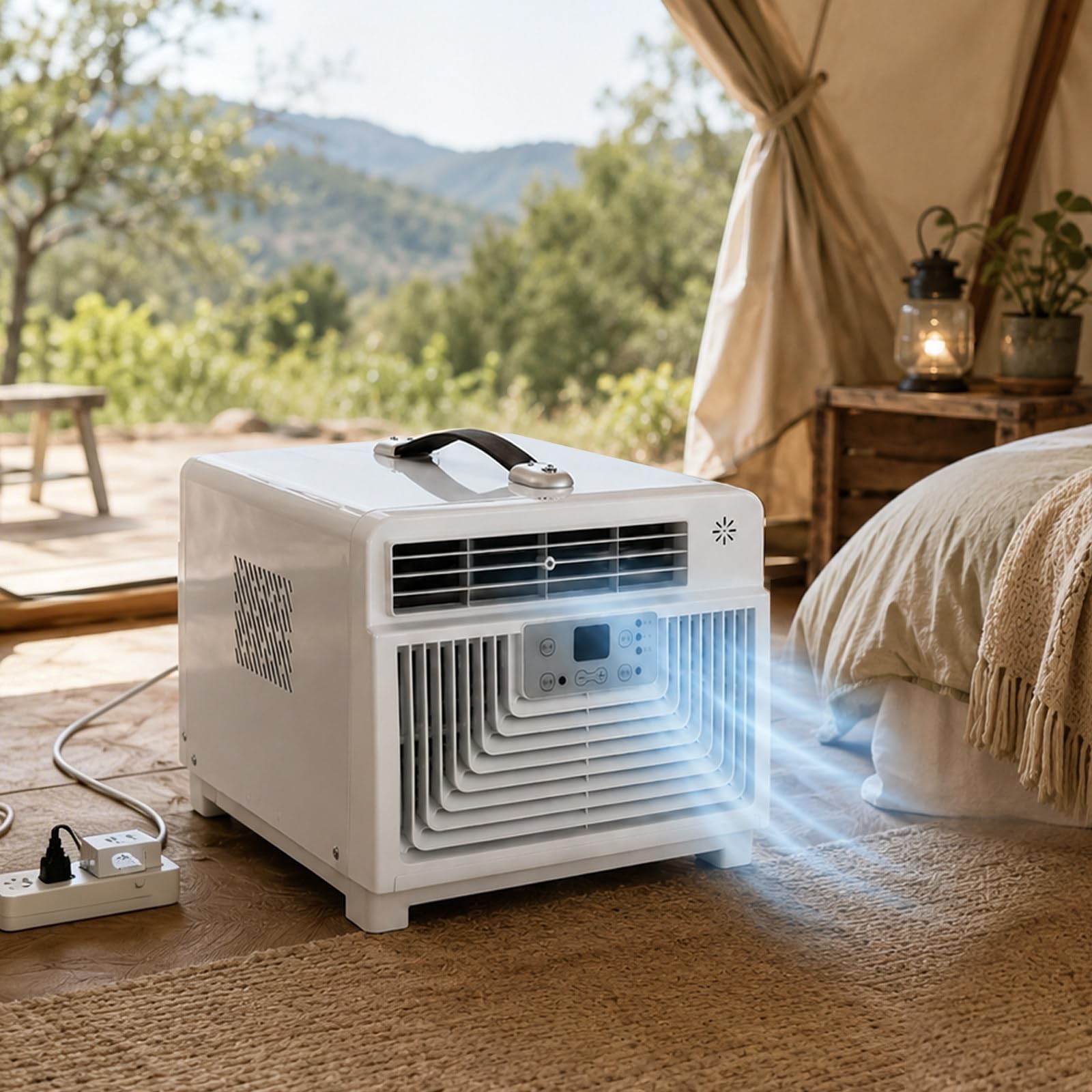 moupeaktain Tent Air Conditioner 220V, 3400 BTU Portable Air Conditioner, 300W Camping Ac Unit with Remote, 1-12h Timer, Ehumidifier and Fan, For Tent, Rv, Truck, Dorm, Cabin