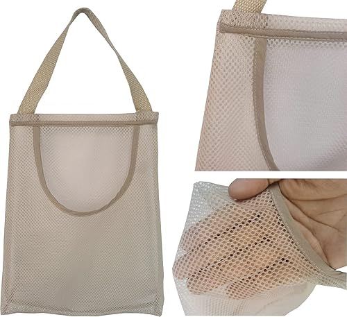 Miniatura 4 de Paquete de 5 bolsas de malla colgantes de cebolla, bolsas reutilizables de almacenamiento de red para productos (bolsillo abierto portátil, beige)