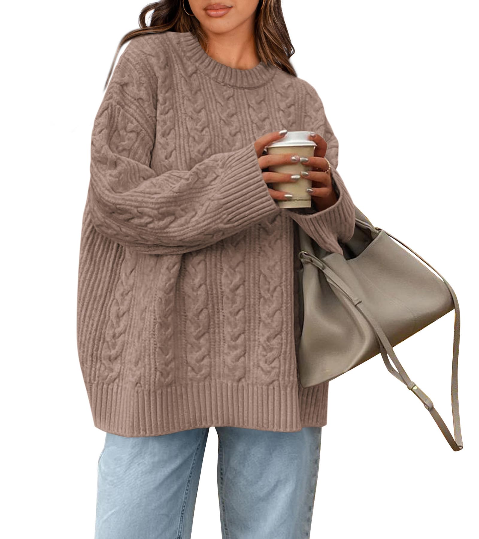 Okiwam Women's Oversized Sweaters Crewneck Cable Knit Pullover Casual Loose Fall Outfits Fashion Clothes 2025, Oatmeal, XS