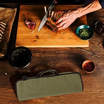 Chef Knife Roll Bag Case (12 Pockets),Heavy Duty Waxed Canvas Chef Knife Roll Bag Storage with Handle,Knife Carrying Case Multi-function Knife Tool Roll Bag for Home Kitchen Traveling (army green)