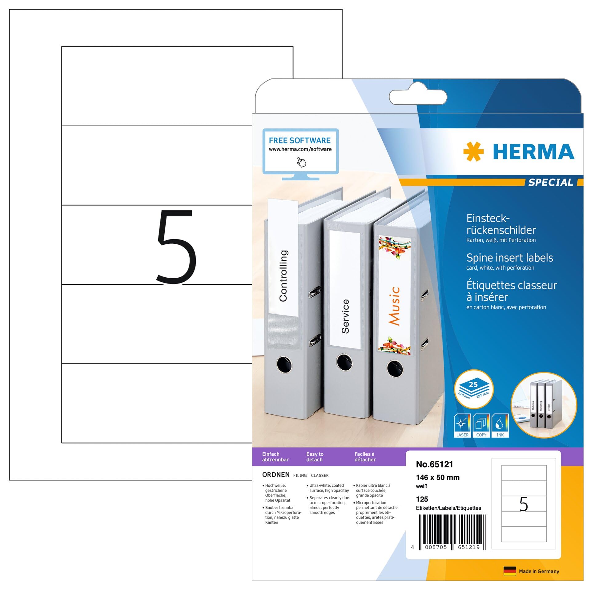HERMA 65121 Insertion Spine Labels for Folders Perforated Short Wide 25 Sheets 146 x 50 mm 5 per A4 Sheet Pack of 125 Printable Matt Blank Cardboard Insert Labels Spine Labels White