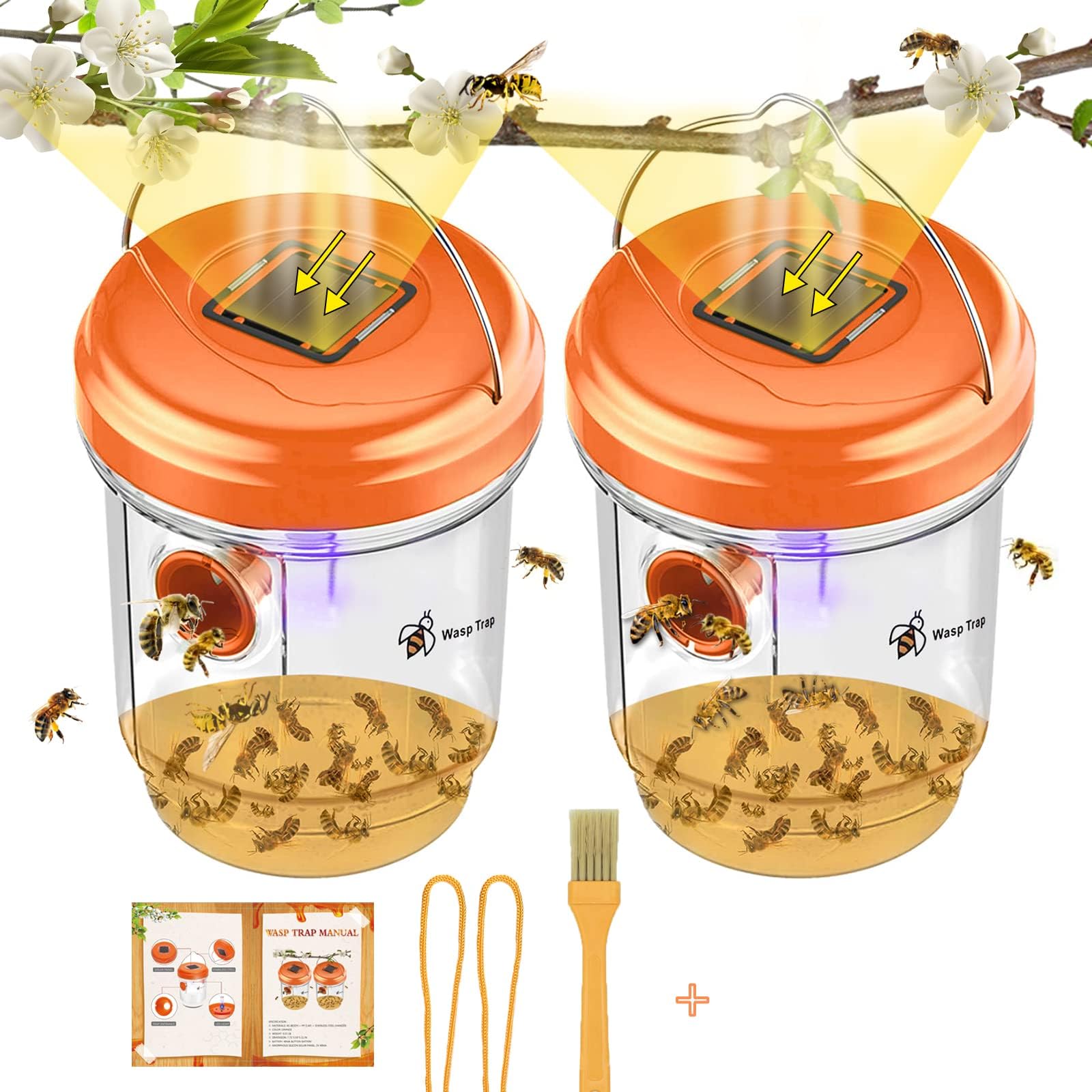 Wasp Trap,2 Pack Wasp Traps Outdoor Hanging,Solar-Powered Hornet Trap,Reusable Bee Trap,Yellow Jacket Trap & Wasp Traps for Outdoors,Wasp Killer,Wasp Repellent Outdoor