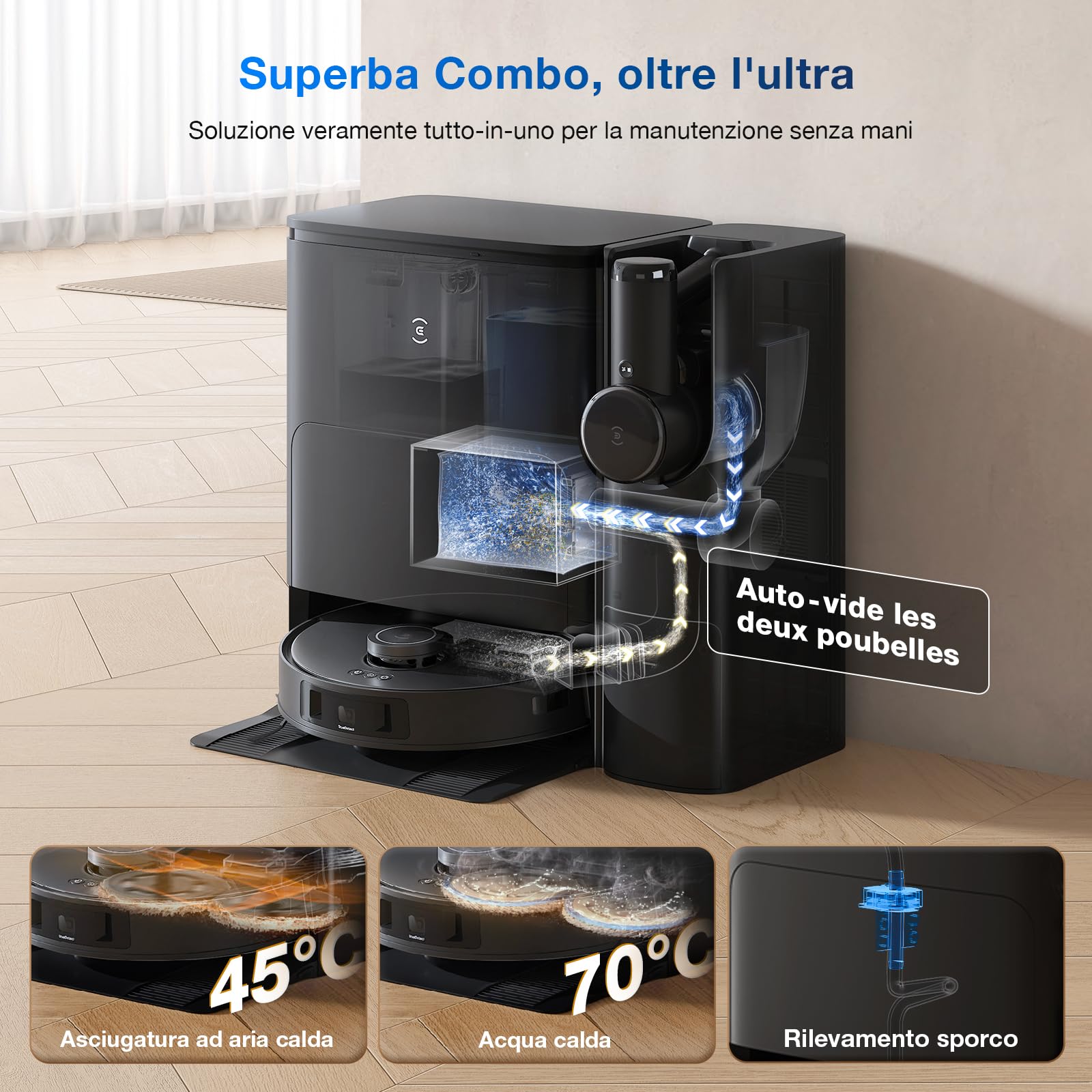 ECOVACS T30S COMBO COMPLETE Robot Aspirapolvere Lavapavimenti con Stazione Tutto-in-Uno, Moci Estensibili TrueEdge, 11000Pa, Tecnologia ZeroTangle, Lavaggio con Acqua Calda a 70℃, Sollevamento Moci