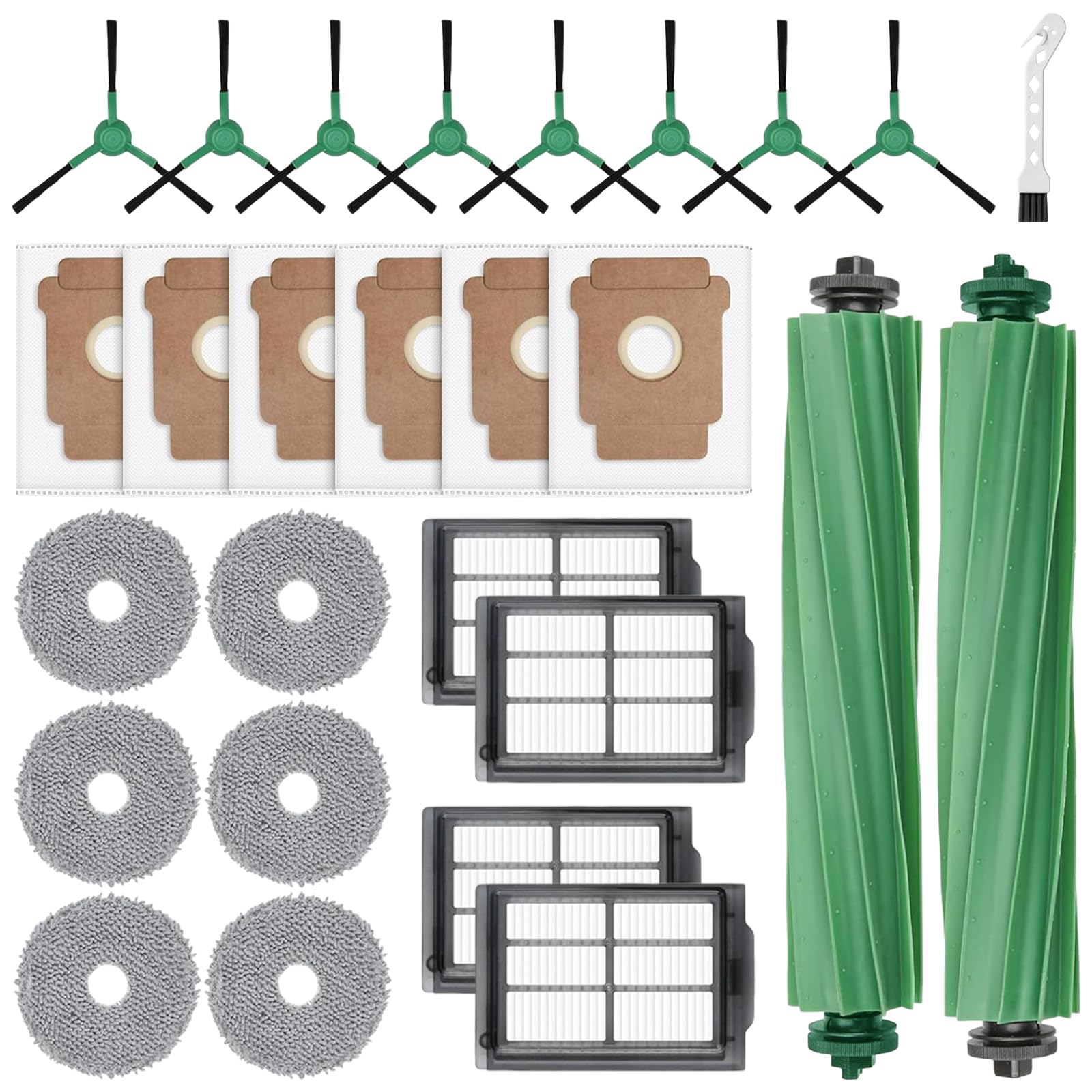 Photo 1 of 27 Pcs Replacement Parts for iRobot Roomba Plus 505 Combo/405 Combo Robot Vacuum Cleaner,Accessories Kit include 2 Main Brushes, 6 Dust Bags, 6 Mop Pads, 4 Filters, 8 Side Brushes and 1 Cleaning Tool