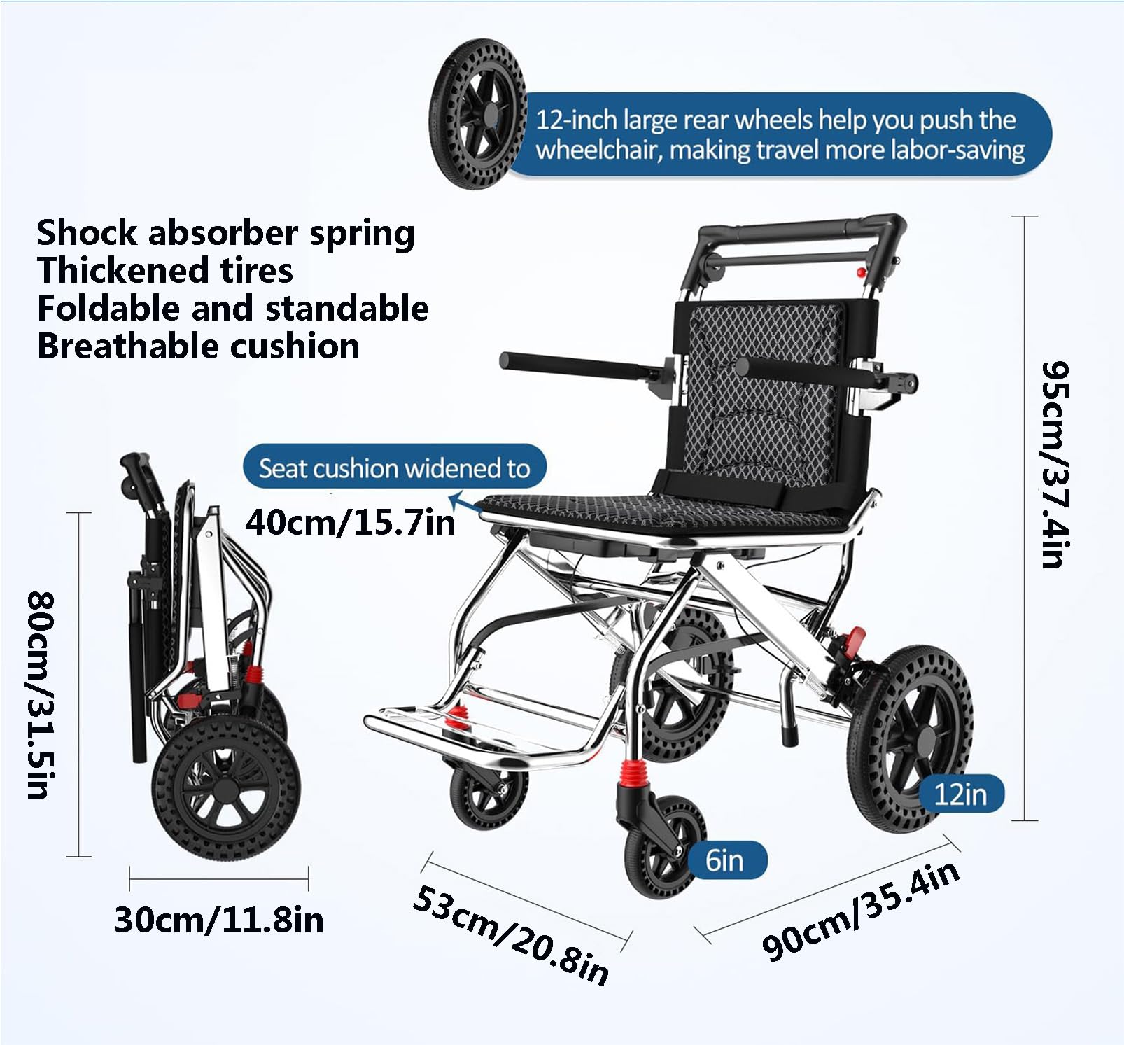 Silla de ruedas plegable ligera para adultos, silla de aluminio portátil para viajes, transporte y fácil movilidad