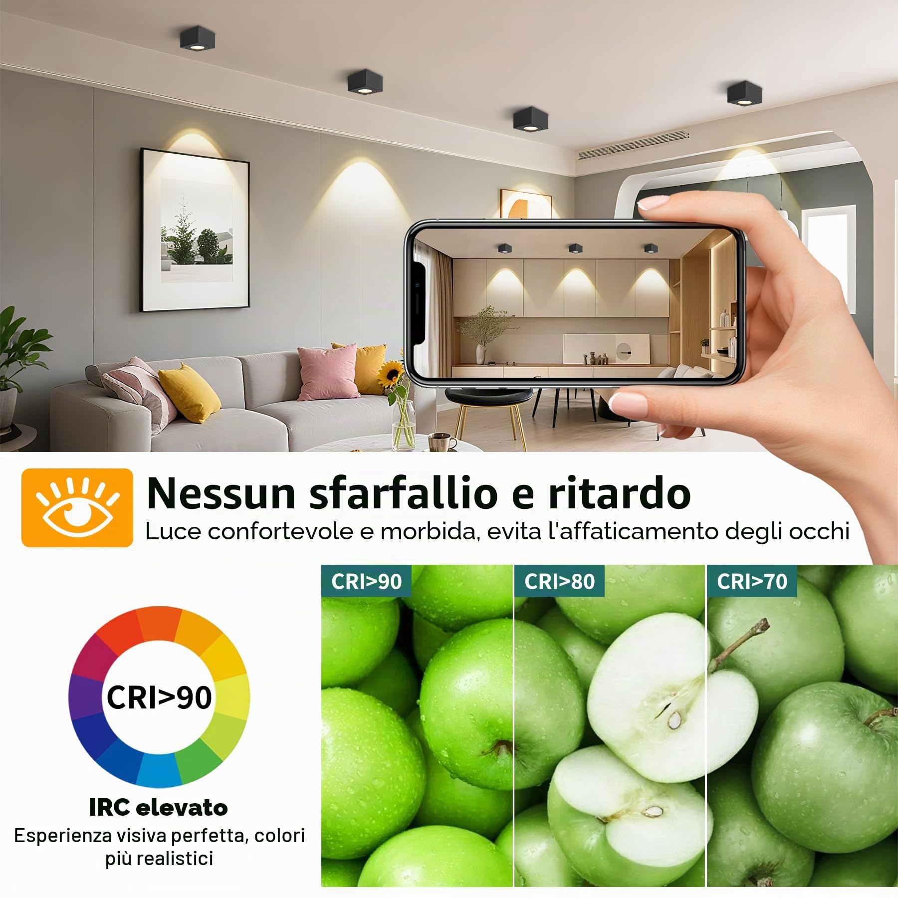 Faretto LED da Superficie IP44 Nero, Faretti da Soffitto quadrato Ø80x50mm con modulo LED 5W 550LM, 3CCT 3000K/4000K/6500K Faretti da Bagno 230V, Faretto Dimmerabile Extra Piatto, Alluminio, 2pcs
