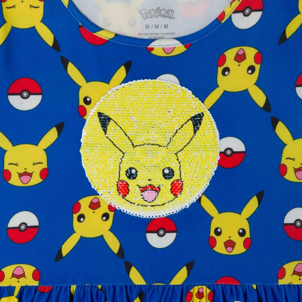 Pokemon Girl's Dress with Pikachu Sequins for Little and Big Girls 4-16