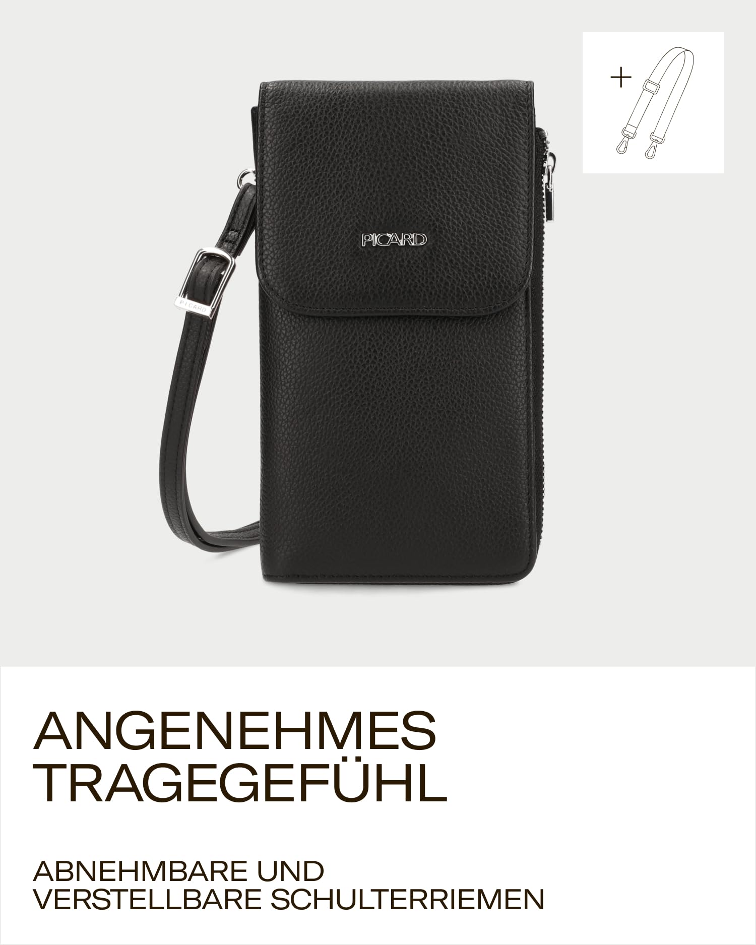 Picard Handytasche zum Umhängen Damen Anne | Handykette aus Leder mit 2 Kartenfächern gesichert durch Reißverschluss & Druckknopf | Elegant, Modern | Handy Umhängetasche | Alltag, Ausgehen