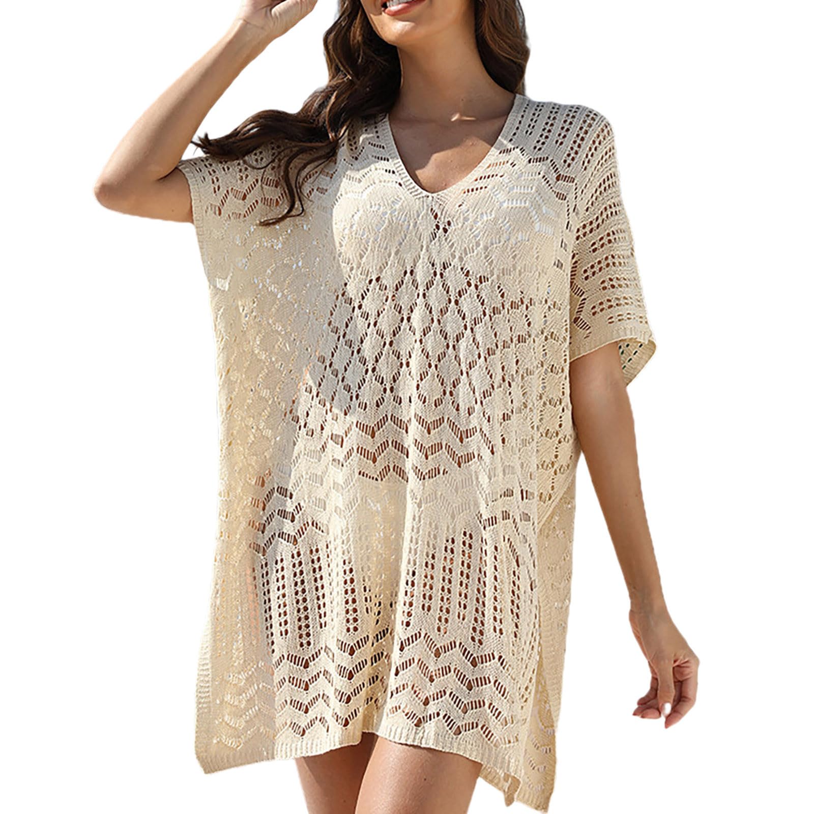 Genérico Vestido de baño de Bikini de Crochet Mujer Traje de Baño Pareo para Mujer Vestido Playa Verano Bikini Cover Up Camisolas Playeras Aberturas Laterales Traje de Playa Manga Cortas
