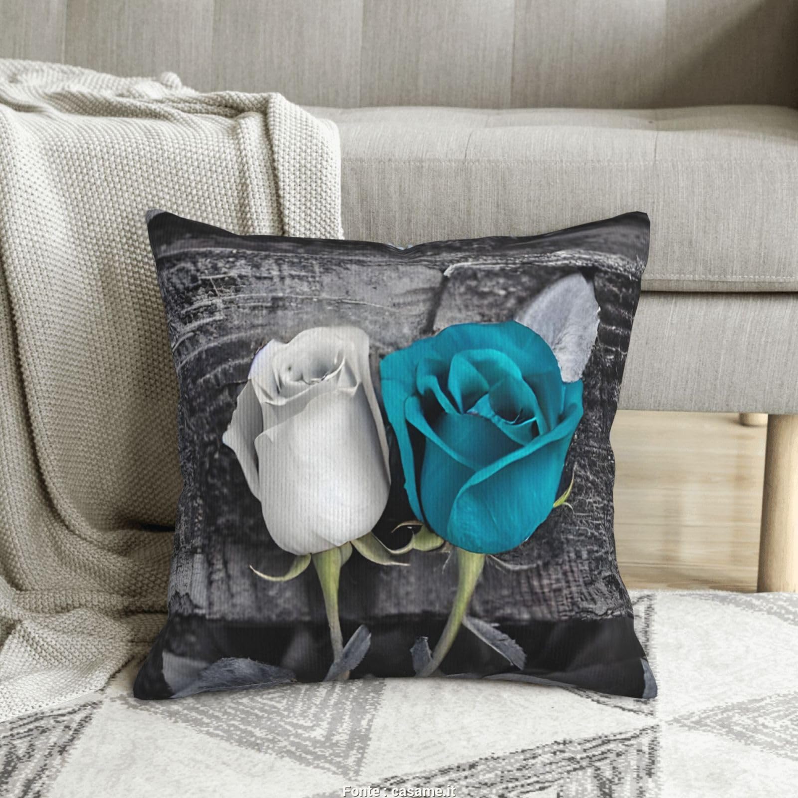 Housses de coussin bleu sarcelle gris en velours avec roses pour lit et canapé