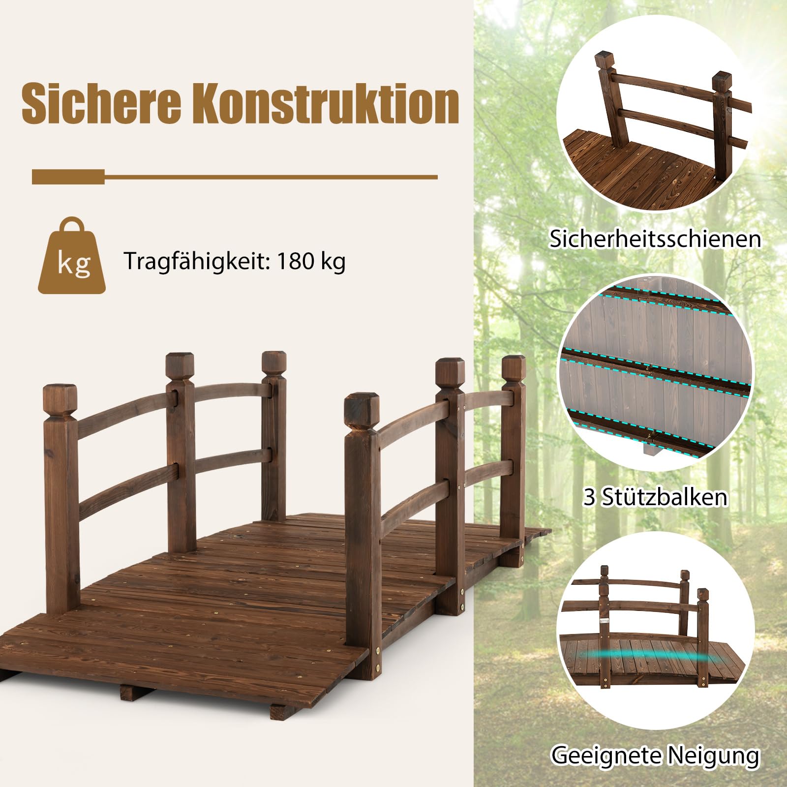 RELAX4LIFE Gartenbrücke aus Tannenholz, Teichbrücke mit Geländer, Holzbrücke bis 150kg belastbar, Zierbrücke für Garten Teich Terrasse Hof, 171,5 x 75,5 x 58 cm, Dunkelbraun
