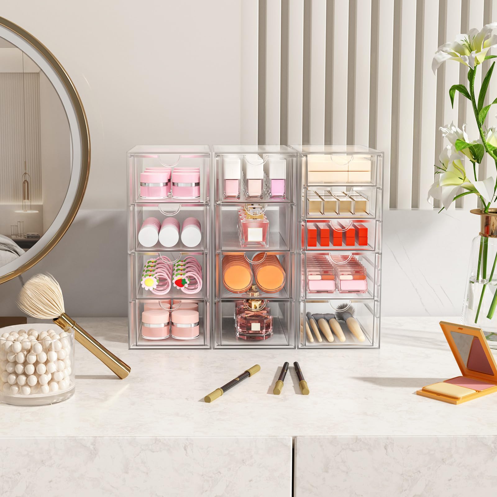 Acryl-Make-up-Organizer mit 13 Schubladen, Badezimmer-Organizer, Acryl-Organizer, Schreibtisch-Organizer, Bürobedarf, Aufbewahrungsschubladen für Kosmetik, Bleistift, Kaffee usw., 3 Stück