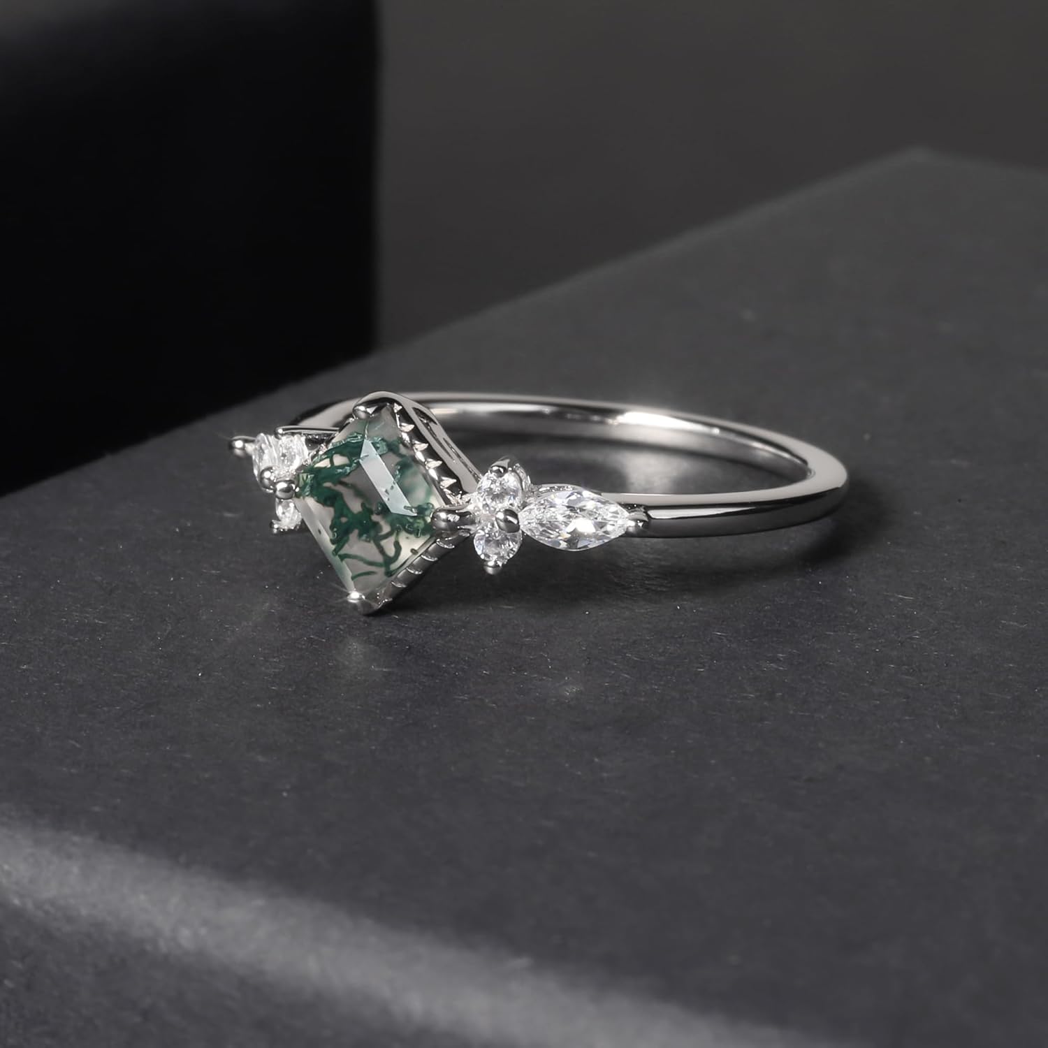 Gem's Beauty Green Moss Agate Rings 14K Gold/14K Rose Gold Three Stone Engagement Ring in 925 Sterling Silver Women's Gold Ring Gifts for Her