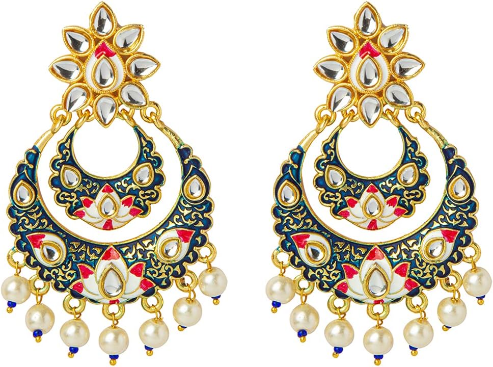 Bodha Traditional Indian Handcrafted Gold Plated Designer Traditional Ethnic Meenakari Kundan Chandbali Earrings Women