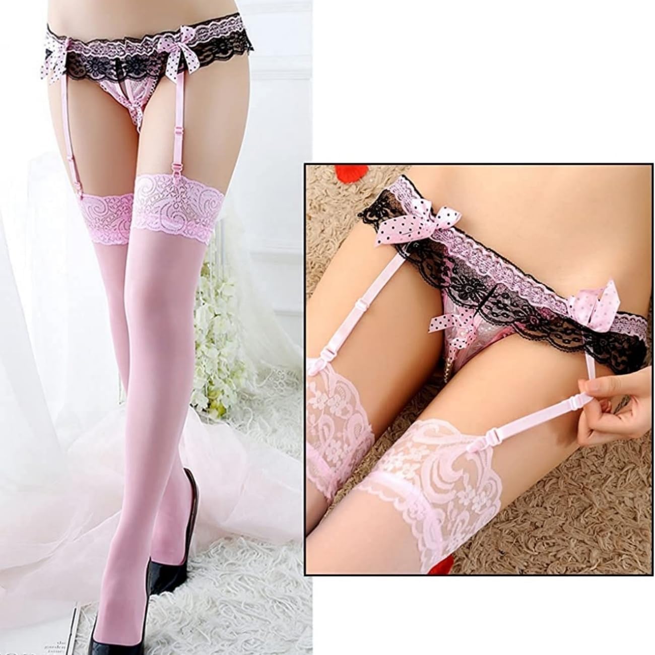 Womens Sexy Garter Belt and Stockings Set Sheer Mesh Suspenders Lingerie with Thong Panty Lace Trim Mini Skirt