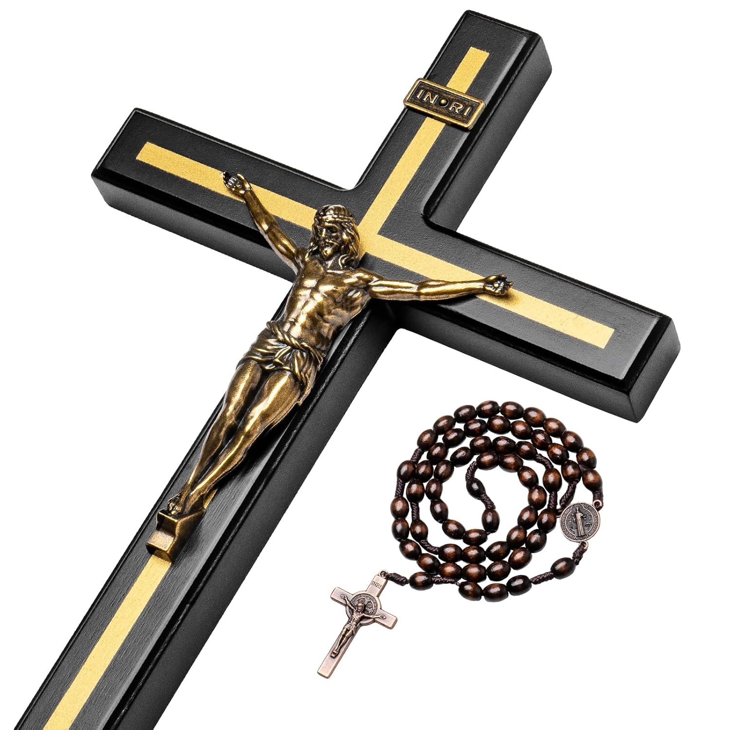 KUXBET 12 Inch Wall Crucifix With Wooden Cross Necklace Catholic Wooden Jesus Christ Wall Hanging for Home Decor