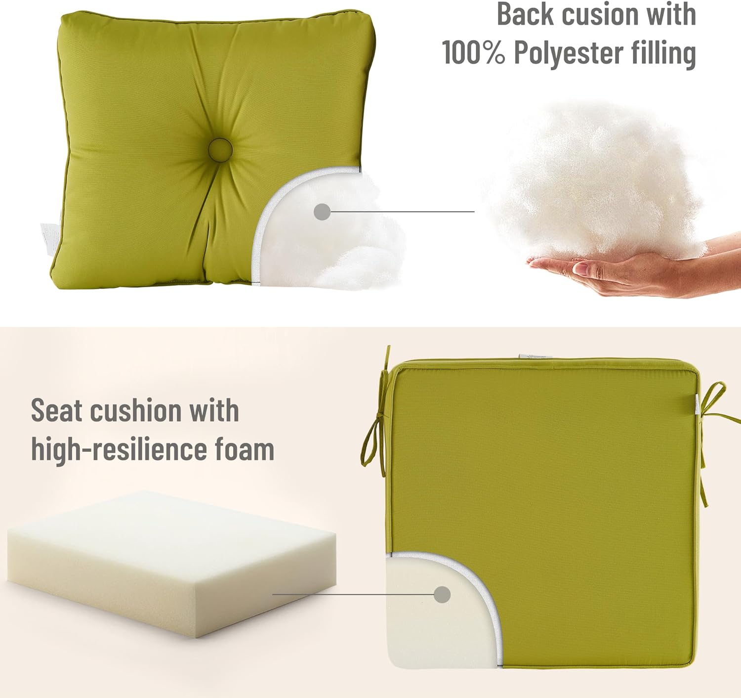 Deep Seat Pillow and High Back Chair Cushions Outdoor Water Repellent Replacement Patio Seating Cushions,Seat 24"x24"x6",Back 22"x24"x6", Grass Green