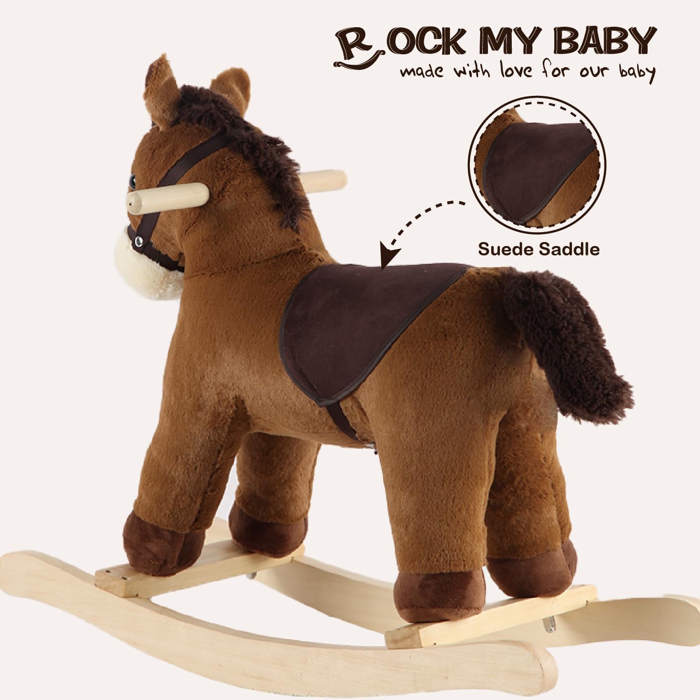 Gioco di cavallo a dondolo marrone scuro per bambini dai 18 mesi in su, giocattolo in peluche con suono realistico, imbottitura morbida, certificato CPC (marrone chiaro)