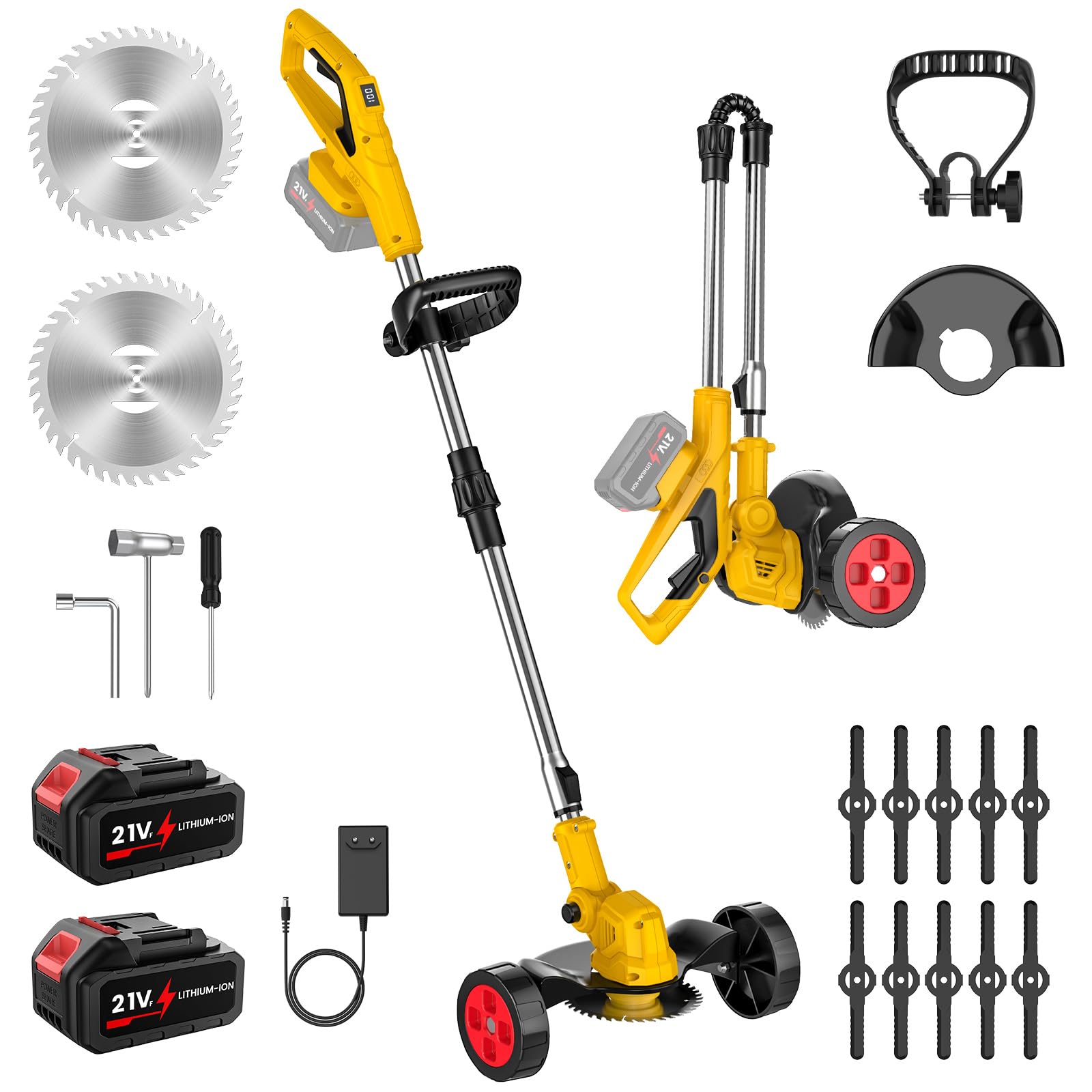 Desbrozadora Batería Plegable con Ruedas, Cortabordes Eléctrico 500W con 2 Baterías 21V 3.0Ah, 12 Cuchillas, Cabeza 90°, Mango Telescópico, Compatible con Makita 18V, para Jardín Césped y Maleza