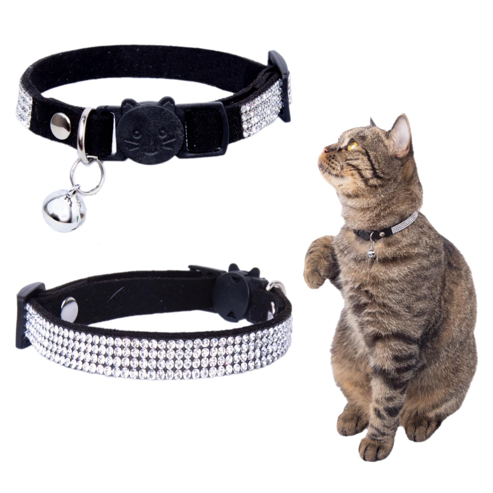 Rhinestone Cat Collar Breakaway with Bell Safety Buckle, Adjustable Diamond Girl Boy Kitty Cute Comfy Collar for Kitten Tiny Little Pets Rabbits, 6"-9