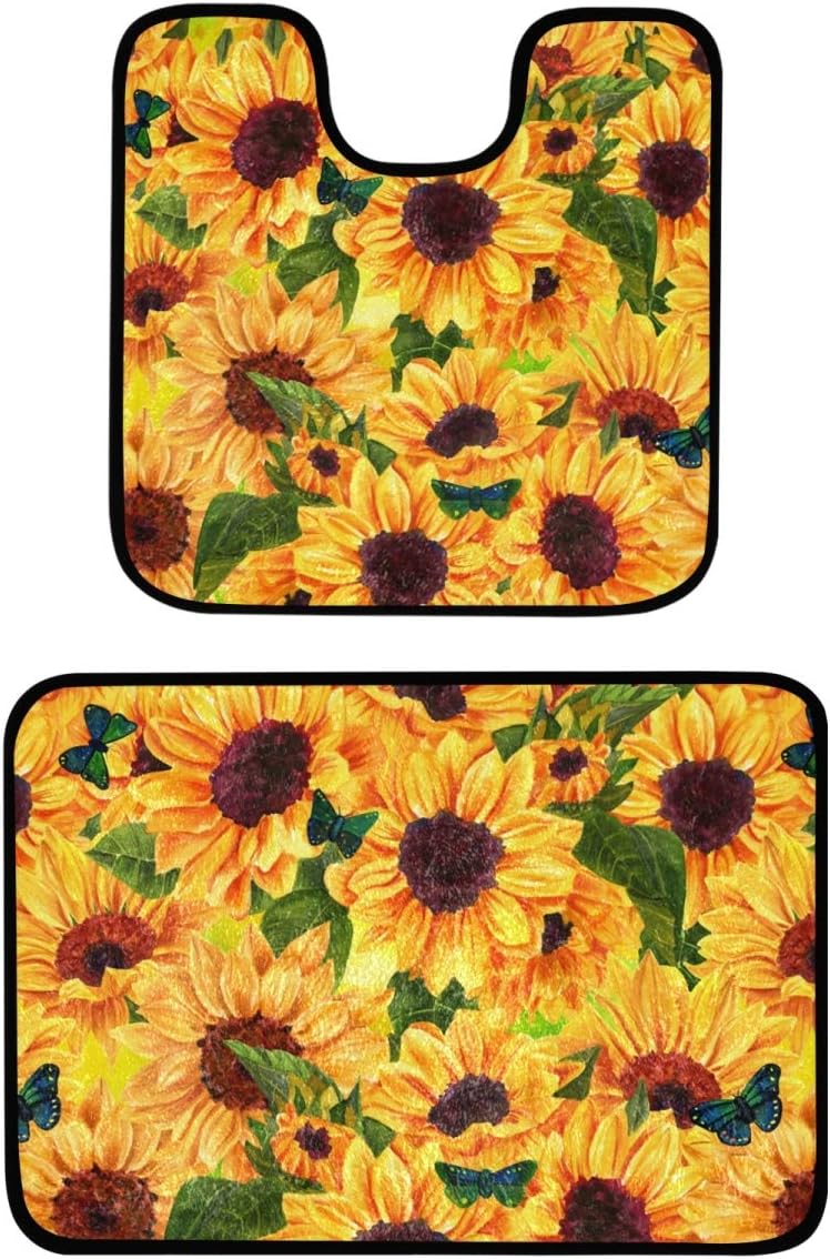 OREZI Vintage Sunflower with Butterfly Bathroom Rug Set 2 Piece Non-Slip Bath Runner U-Shaped Contour Toilet Mat Bath Rug Water Absorbent,Machine Washable
