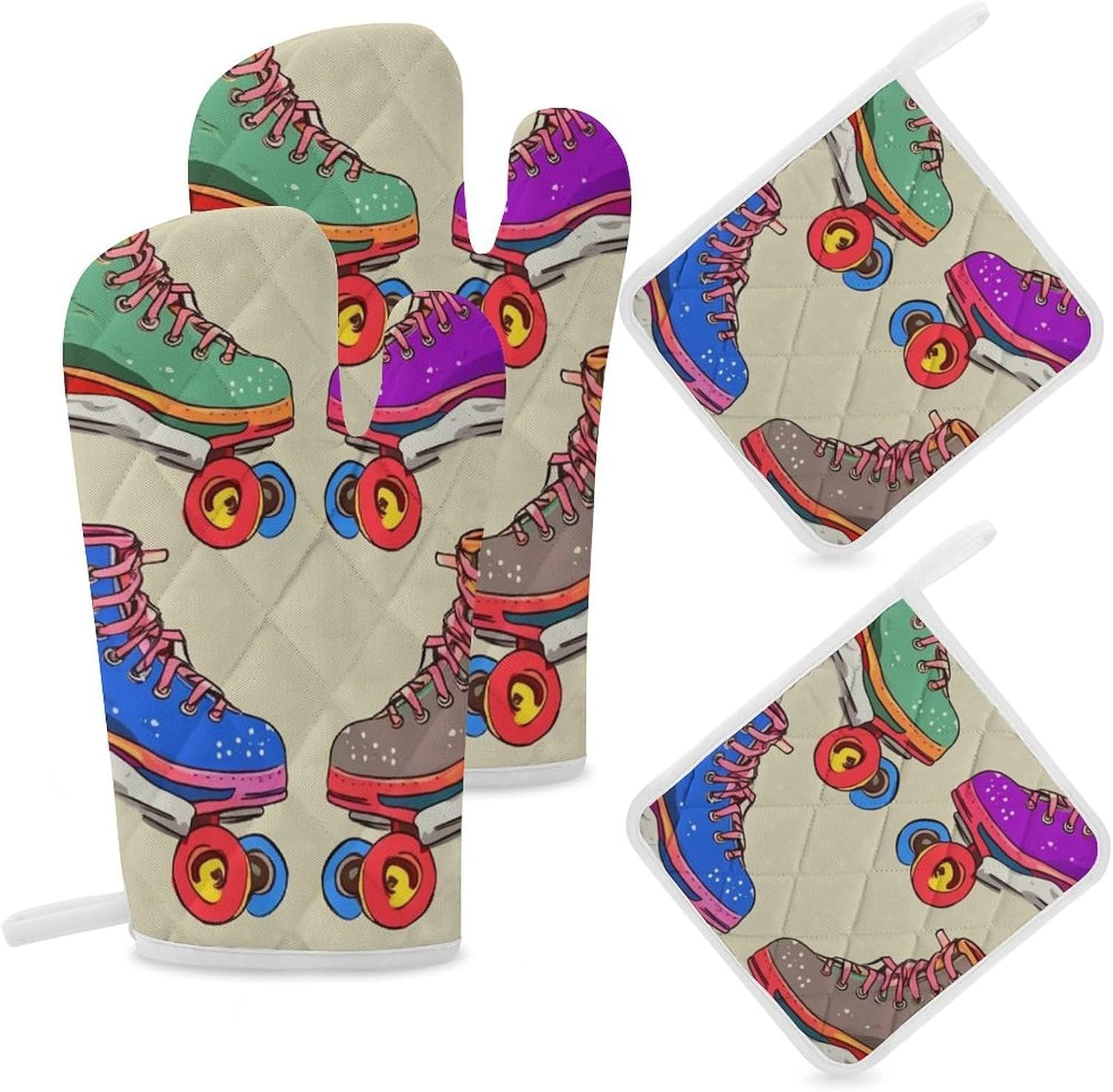 4-Piece Oven Mitts and Pot Holders Set Retro Colorful Roller Skates Printed Heat-Resistant Polyester Kitchen Gloves and Potholders Comfortable & Durable for Cooking Baking and Grilling