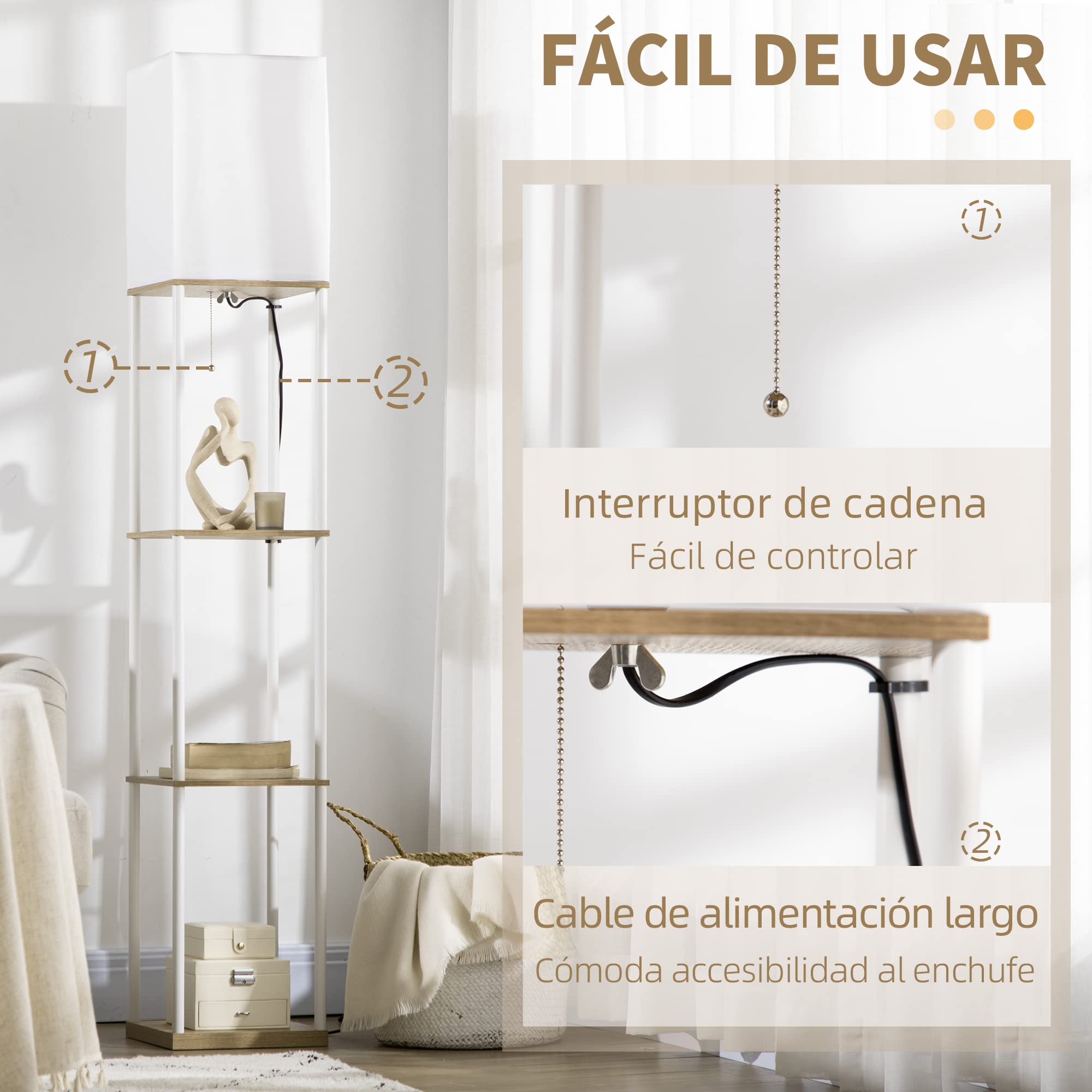 HOMCOM Lámpara de Pie Moderna con Estantes Lámpara de Pie para Salón Casquillo E27 Max. 40W con Pantalla de Tela e Interruptor para Dormitorio Oficina 26x26x159 cm Blanco