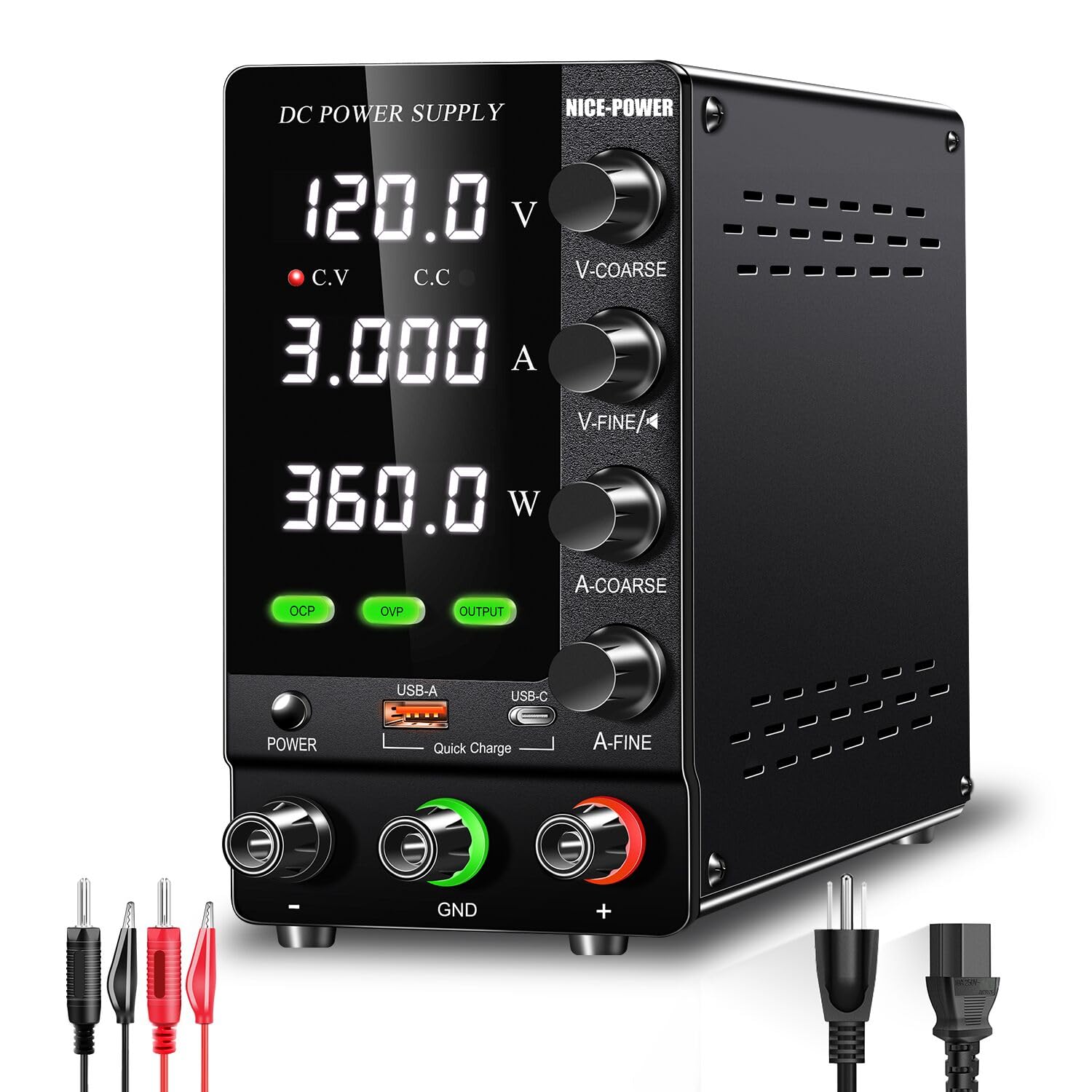NICE-POWER DC Power Supply Variable 120V 3A, Adjustable Bench Power Supply with OCP/OVP/Output/Encoder, Benchtop Lab Power Supplies 4-Digit LED Display with 18W USB Quick Charge (SPS-C1203S Black)