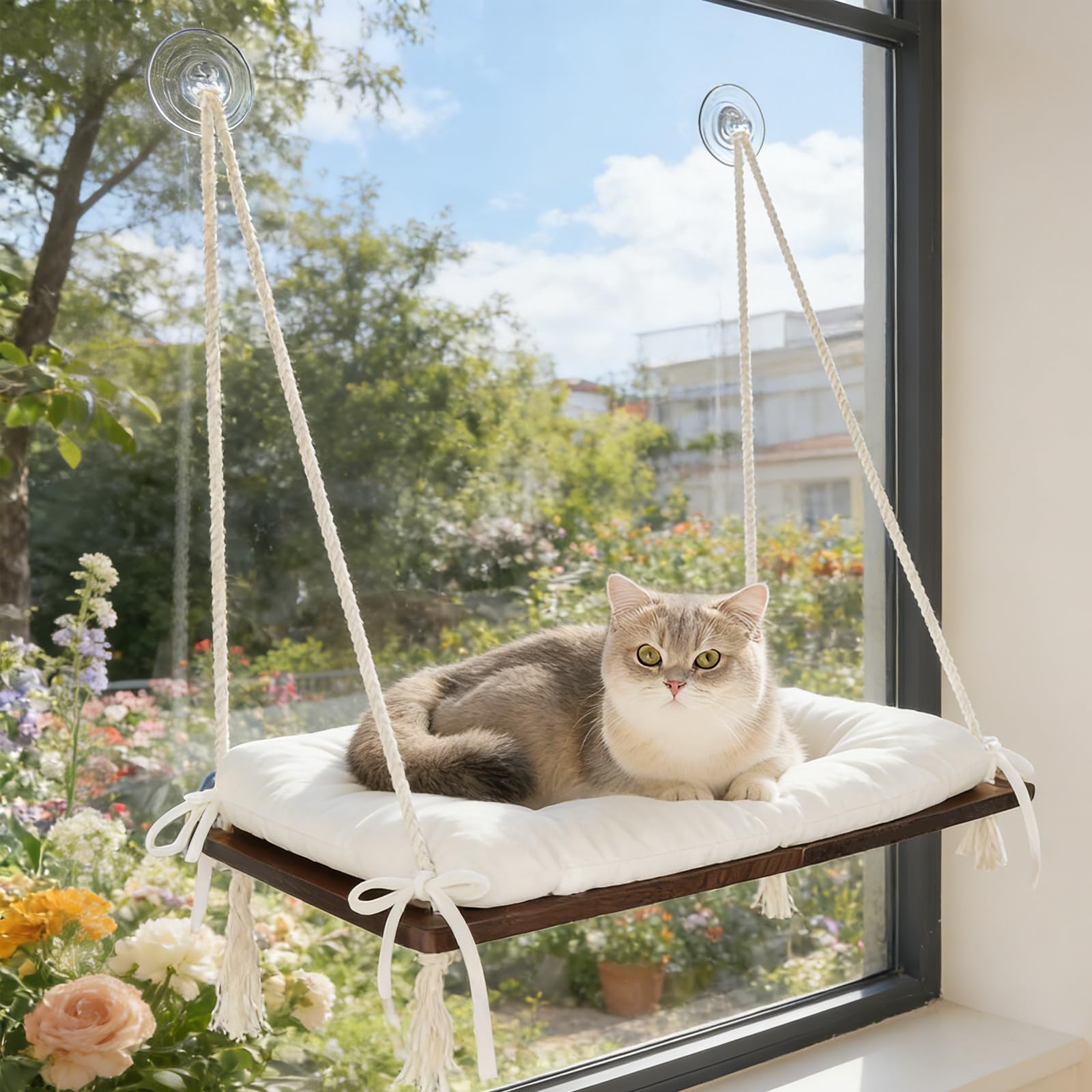 Photo 1 of CHEERPALS Cat Window Perch for Indoor Cats, Wooden Cat Bed for Window with Washable Cushion, Hanging Kitty Hammock Suitable for Small-to-Large Cats