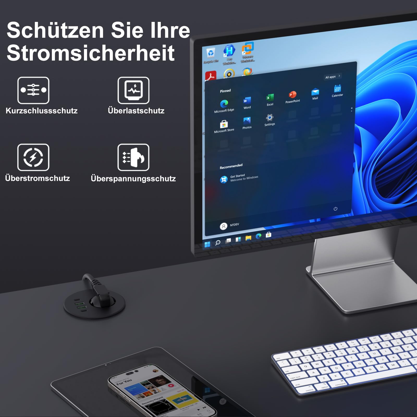 Enchufe empotrable con 65 W USB C, enchufe de mesa Haiaoyyds equipado con 1 Schuko, 2 puertos USB-A, 2 conectores USB-C y cable de alimentación de 2 m, regleta empotrable para orificio de mesa de 76