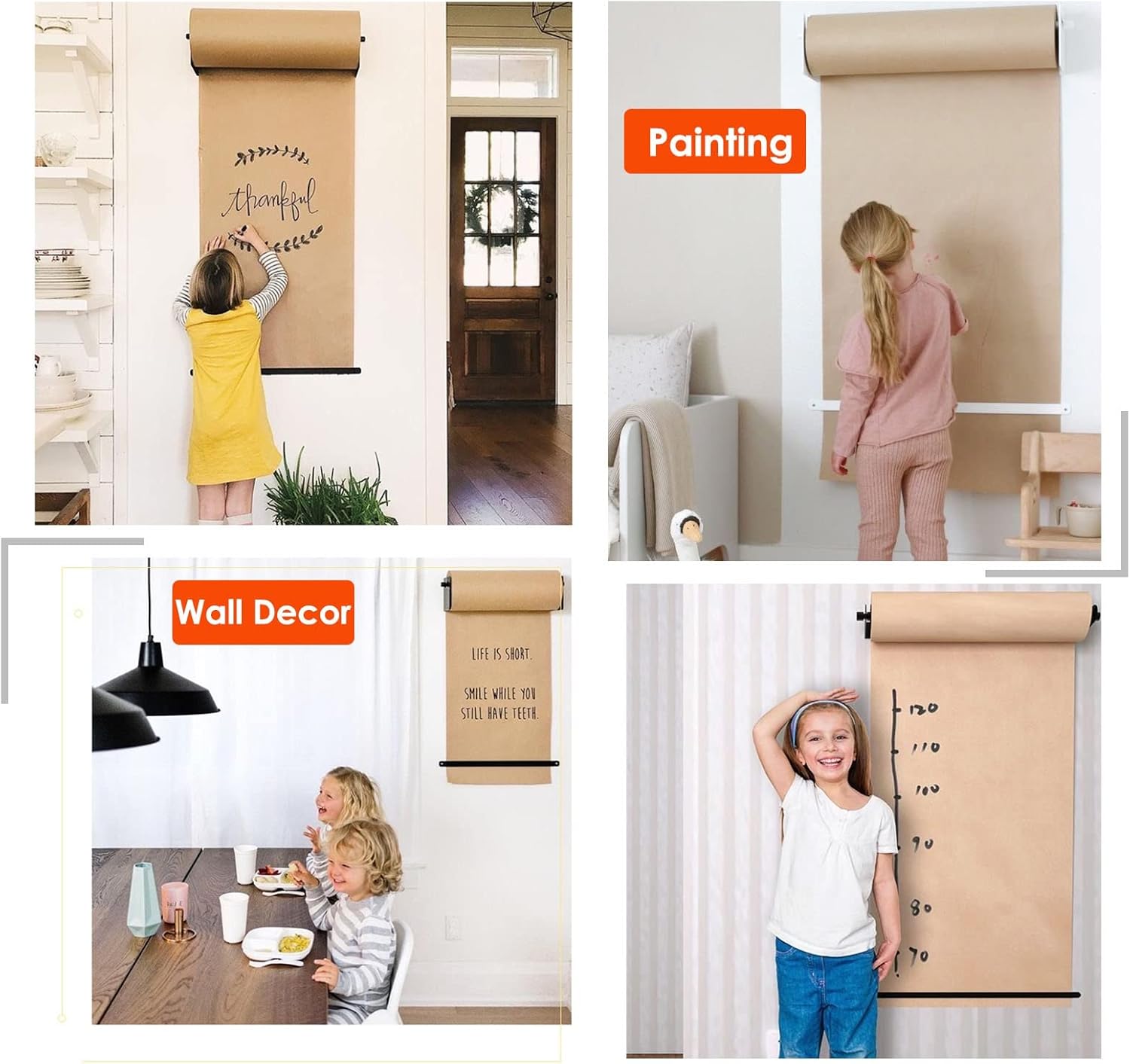 壁掛けクラフト紙ロールディスペンサーとカッター、DIY描画とメモ取り用、白い吊り下げ式ブッチャーペーパーホルダー