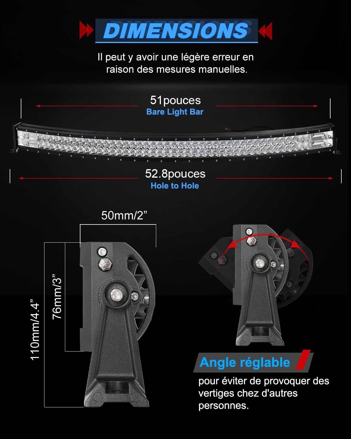 Braveway Barre Rampe LED 52" 260W 35000LM 5D Projecteur Longue Portée 12V 24V Barre Lumineuse Spot Flood Combo pour Hors Route Voiture Véhicules 4x4 SUV ATV Camion Tracteurs Bateaux
