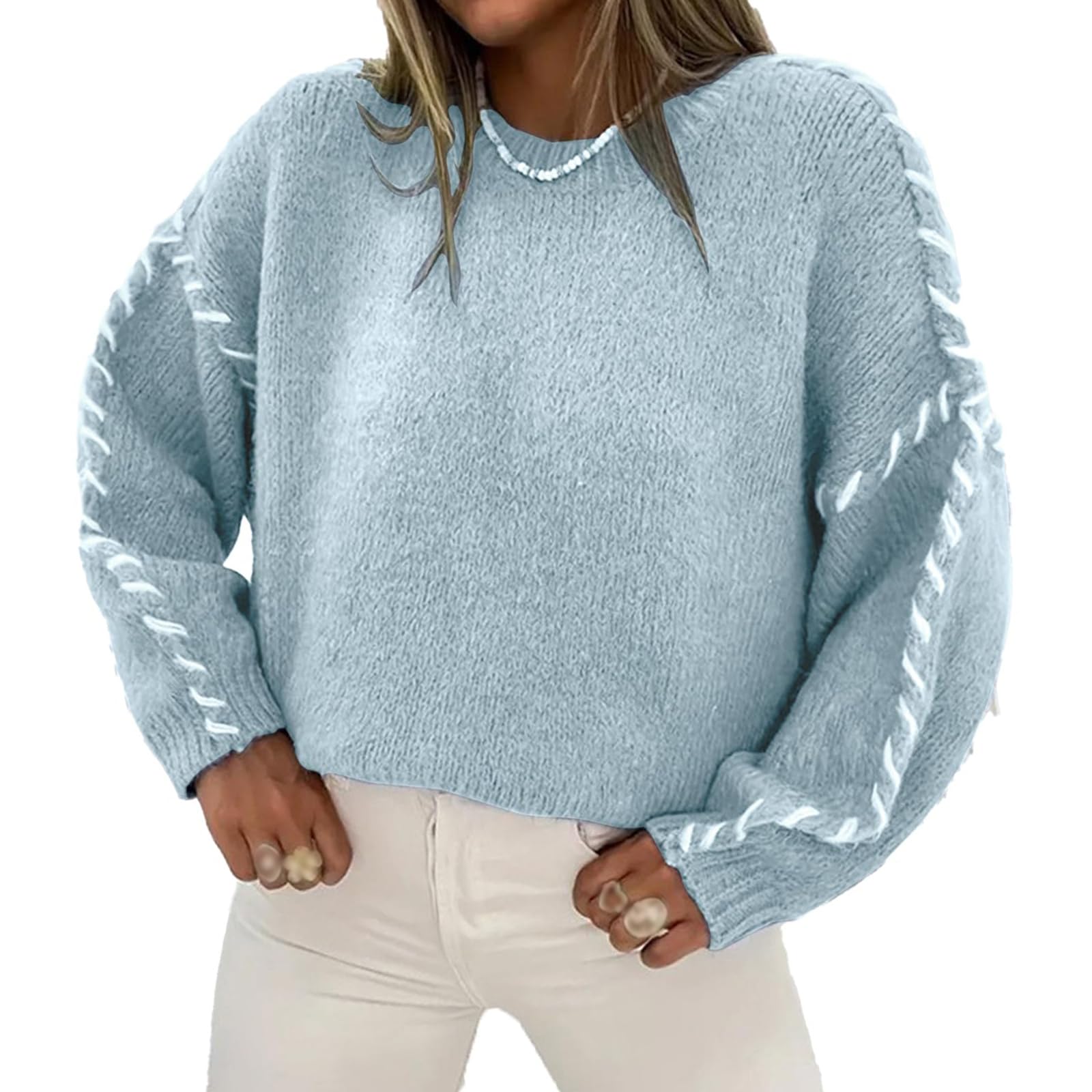 Womens Chunky Knit Sweaters Oversized Crewneck Cable Knit Pullover Sweater Casual Long Sleeve Soft Jumper Tops