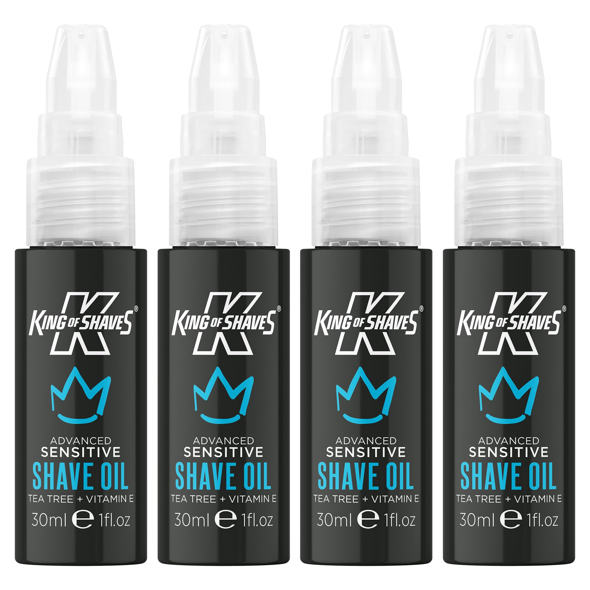 King of Shaves Advanced Sensitive Rasieröl Quad Pack Teebaum & Vitamin E, klare Formel ohne Schaum, reduziert Rasurbrand, für alle Hauttypen, Reisegröße, 100% natürlich, 4 x 30ml