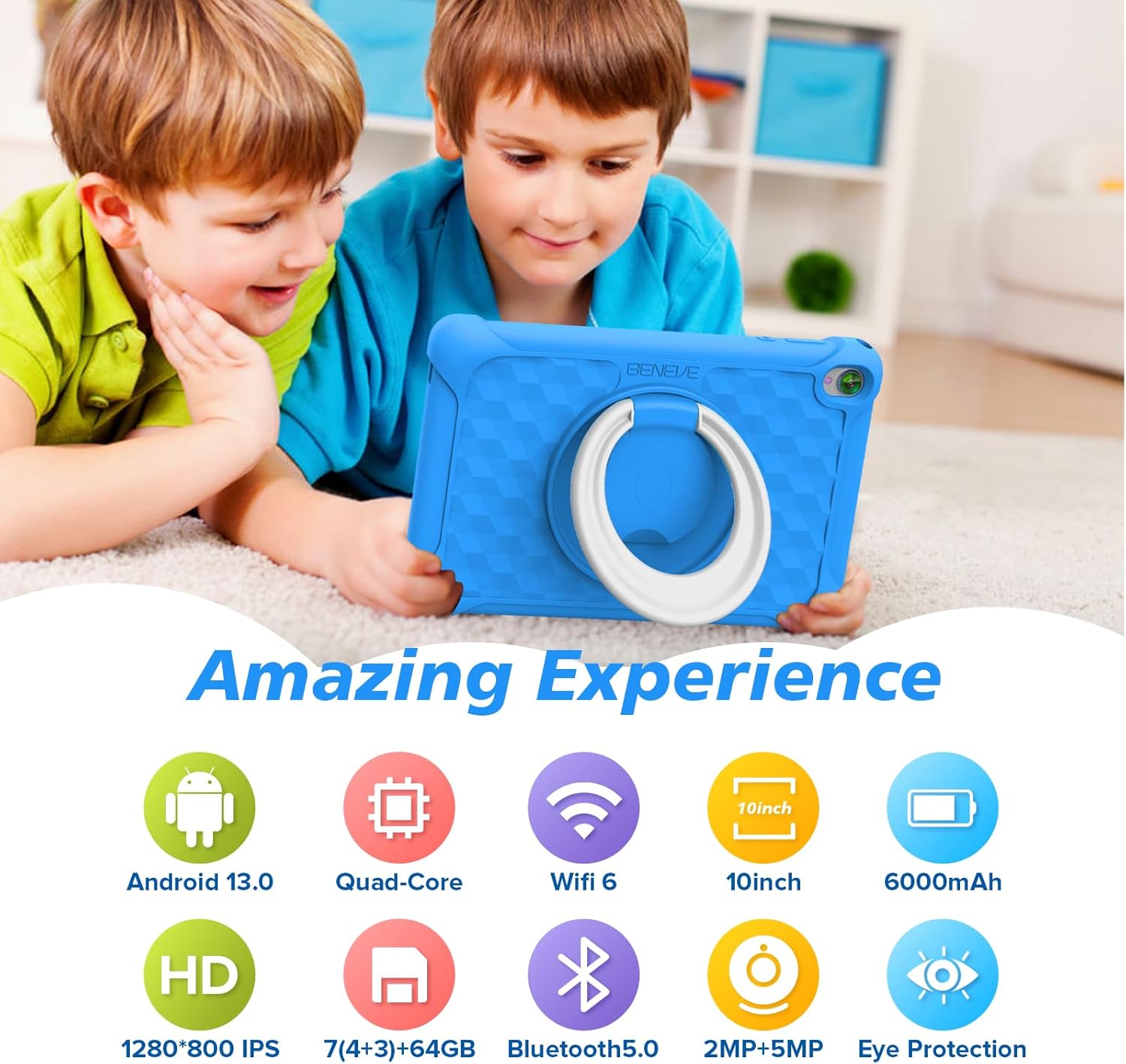 BENEVE Tablet Bambini 10 Pollici Android 13 Tablet,7GB RAM 64GB ROM/WiFi/5+2MP/6000mAh/Bluetooth/Controllo Parentale Apprendimento Educazione Tablet PC con Custodia (Blu) BENEVE Tablet Bambini 10 Pollici Android 13 Tablet,7GB RAM 64GB ROM/WiFi/5+2MP/6000mAh/Bluetooth/Controllo Parentale Apprendimento Educazione Tablet PC con Custodia (Blu)