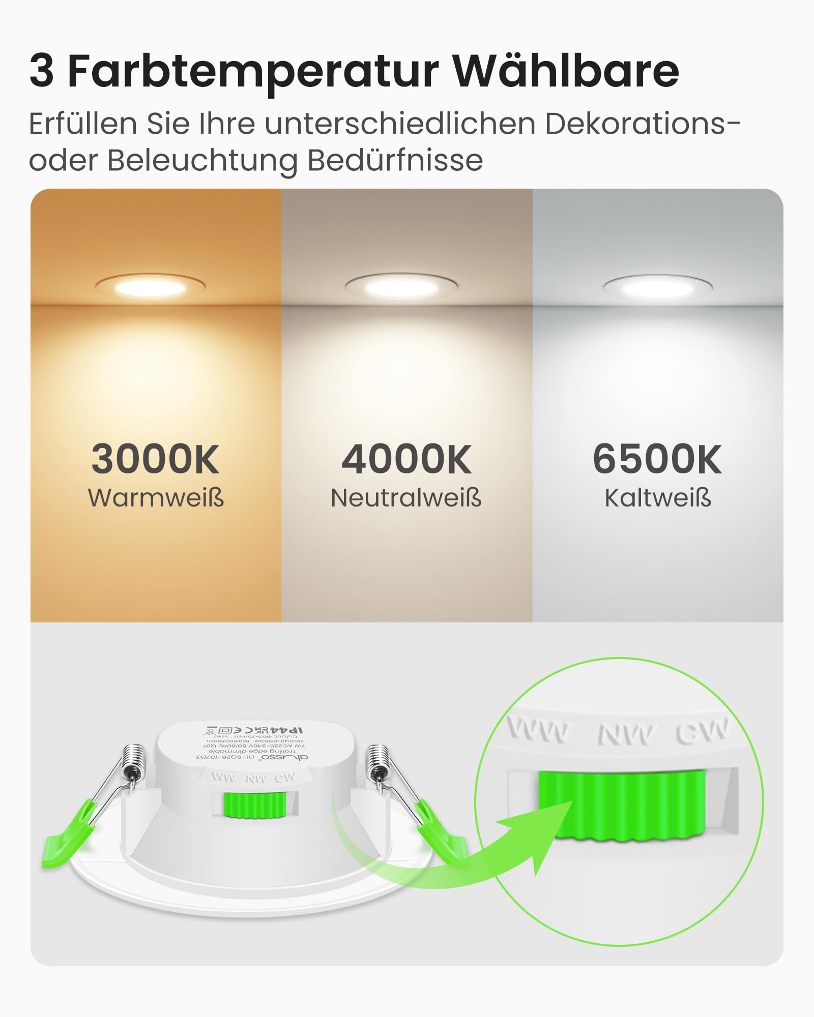 ALUSSO LED Einbaustrahler 230V Dimmbar 68mm 7W Ultra Flach IP44 LED Spots Warmweiß Neutralweiß Kaltweiß Deckenspots für Badezimmer Küche Wohnzimmer, Weiss, 6er Set