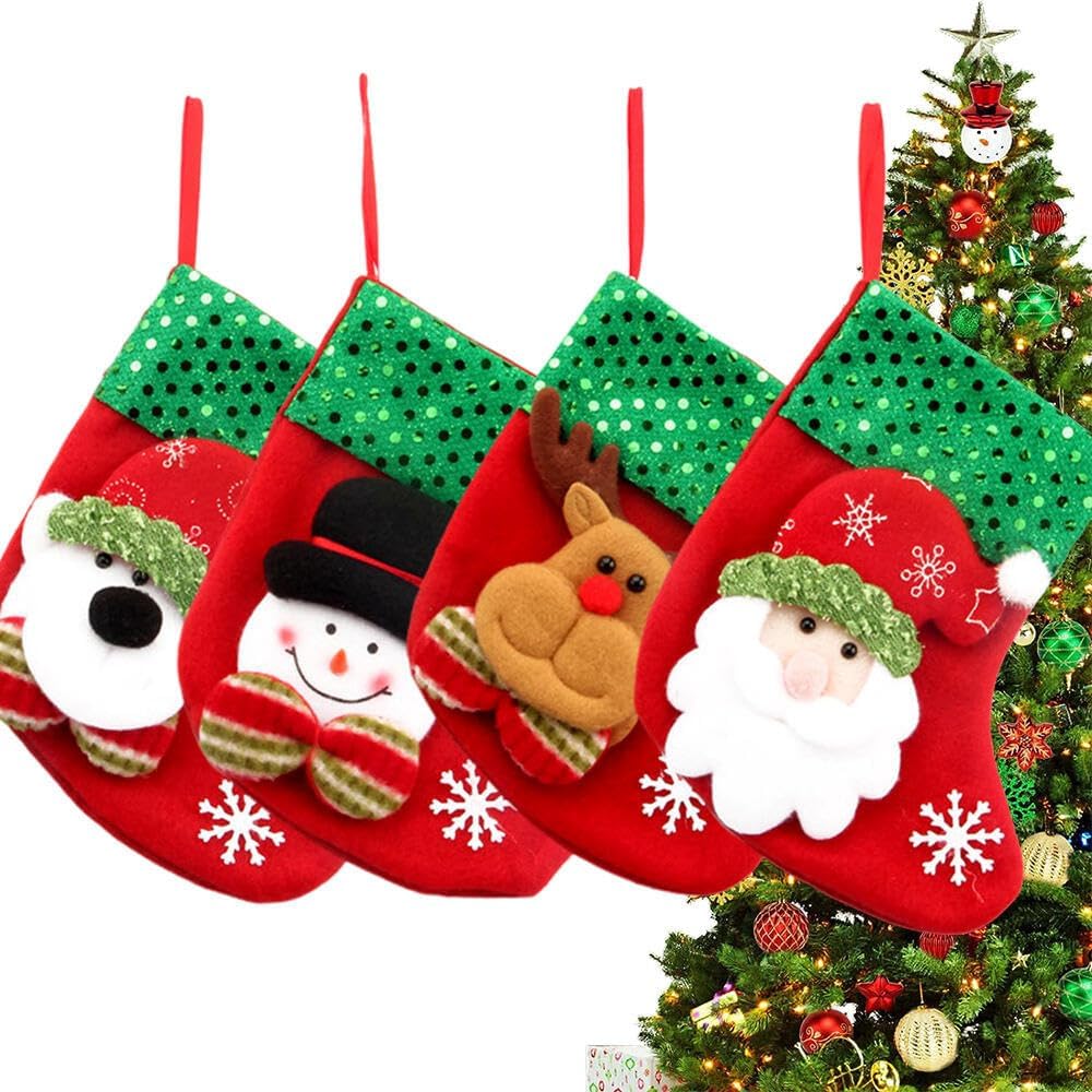 Goodern4Pcs Christmas Stockings Gift Bag,Fireplace Hanging Stockings for Christmas Kids Gift,Stocking Bags Christmas Hanging Socks for Party Decor,3D Christmas Ornaments Bag Family Stockings-Sequins