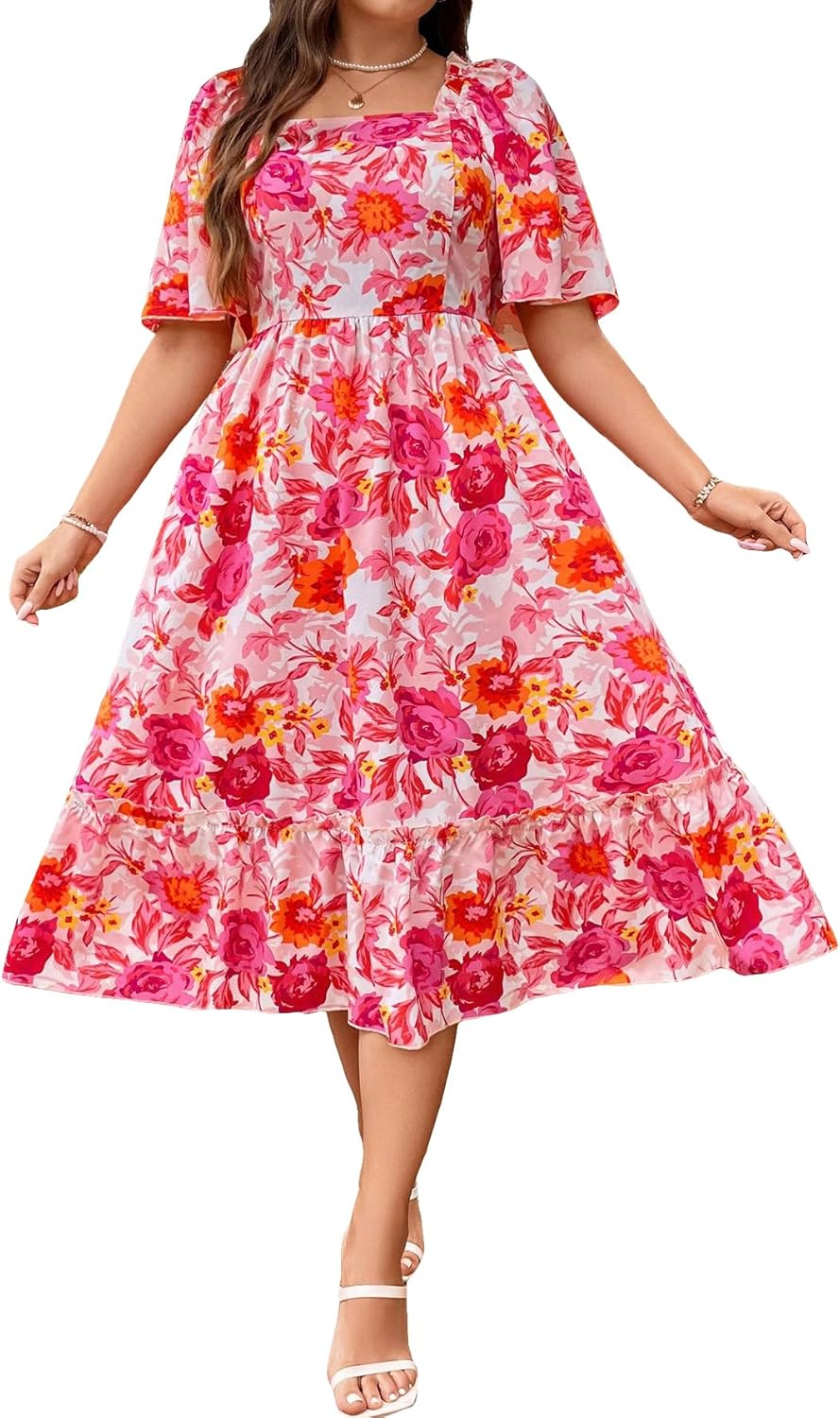 Floerns Women's Plus Size Floral Print Tie Front Square Neck Slit Hem Midi Dress