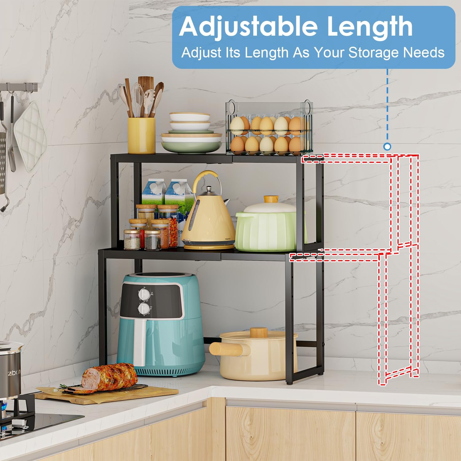 2 Pack Expandable Storage Shelves (Small + Large), Heavy Duty Metal Shelving Unit Rack Pots Pans Microwave Small Appliances, Adjustable Height Storage Shelf Rack Organizer For Kitchen Cabinet Pantry