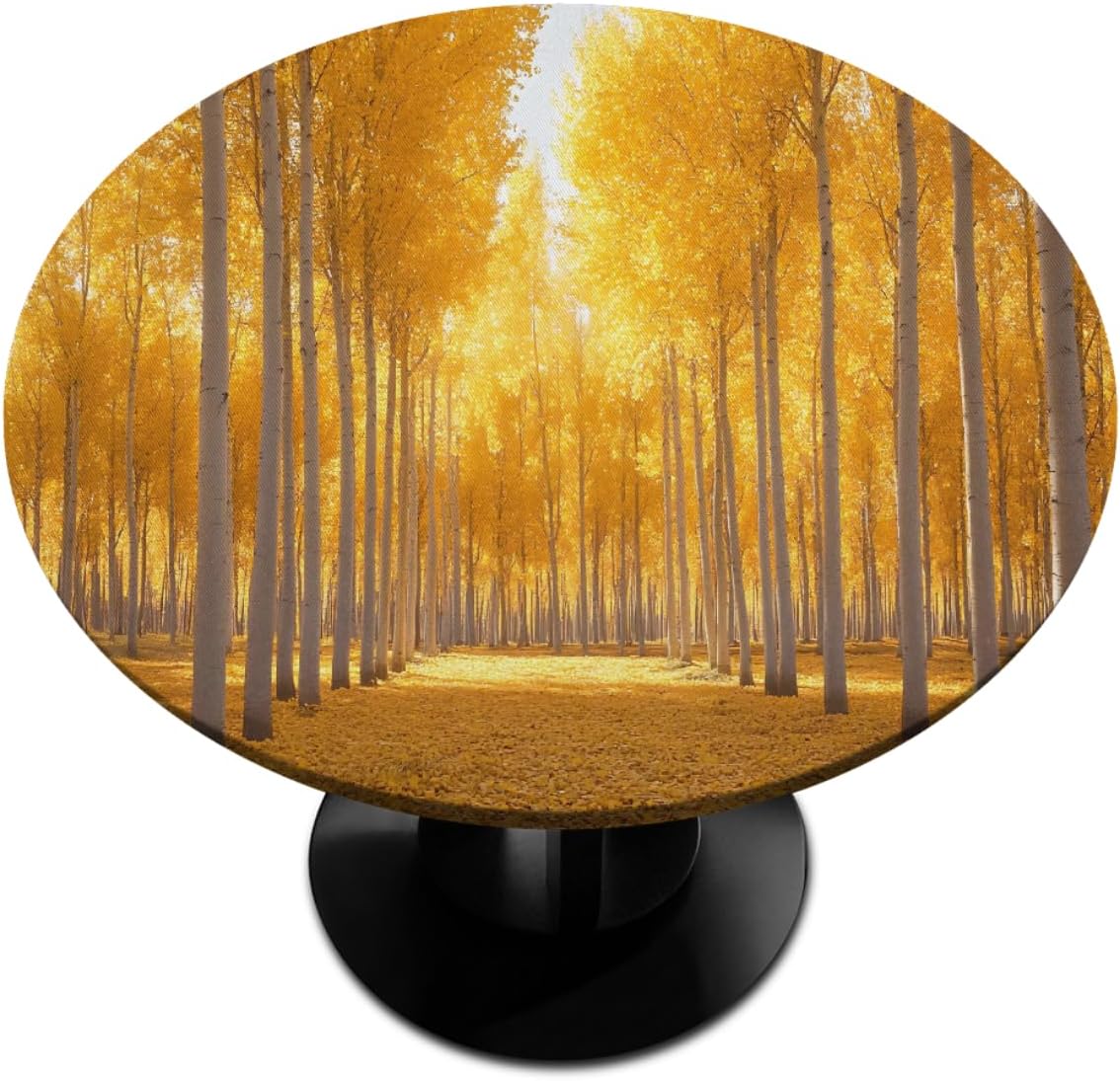 Round Tablecloth with Elastic Edge Gold Fall Forest Fitted Circle Table Cover wipeable Round Table Cloth for Indoor Outdoor Patio Dining Kitchen Decor for 45-50inch Tables
