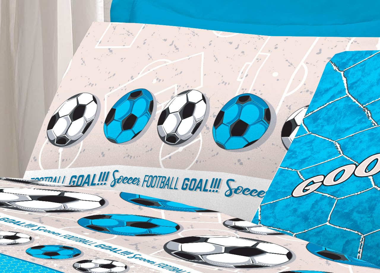 BIANCHERIAWEB Completo Lenzuola Linea Pensieri Delicati 100% Cotone Disegno Calcio Piazza E Mezza Azzurro