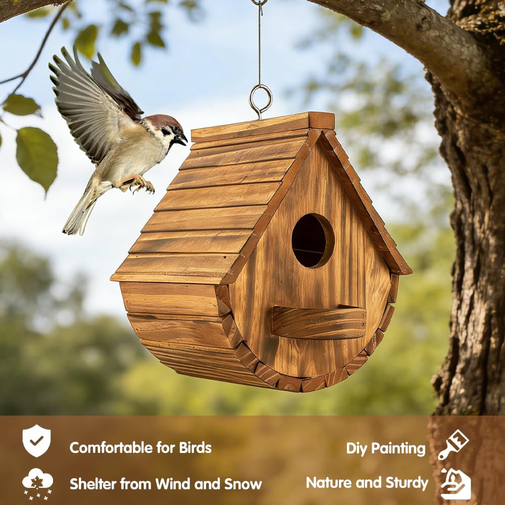 SKIKHN Casa para pájaros de Madera,17.5x15x20CM Caja para Colgar en el hogar,Nido para pájaros de Madera,Resistente a la Intemperie,Casa Pajaros Exterior para el Hogar de Tetas,Gorriones y Otras — view 6