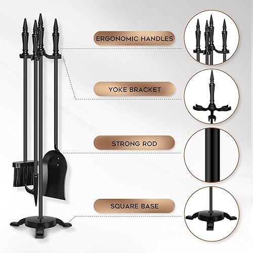 Miniatura 4 de FEED GARDEN Juego de 4 herramientas para chimenea de hierro forjado para interiores y exteriores, de 31 pulgadas, accesorios negros para chimenea