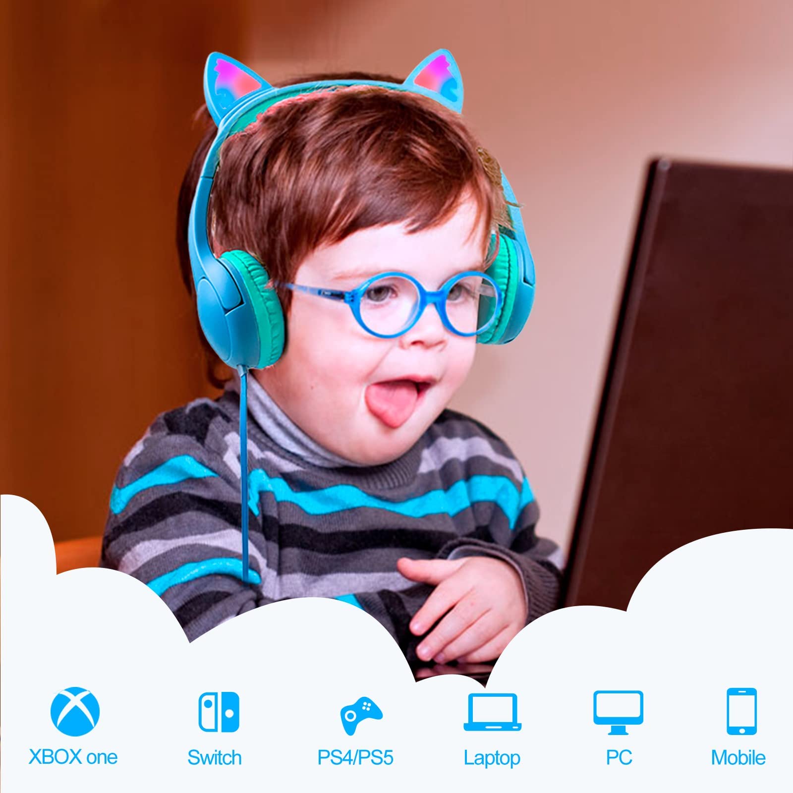 Olyre Cuffie per bambini,cuffie per ragazze,orecchie di gatto,LED si illuminano volume sicuro limitato 85dB per bambini cablate sull'orecchio auricolari/scuola/viaggi-blu