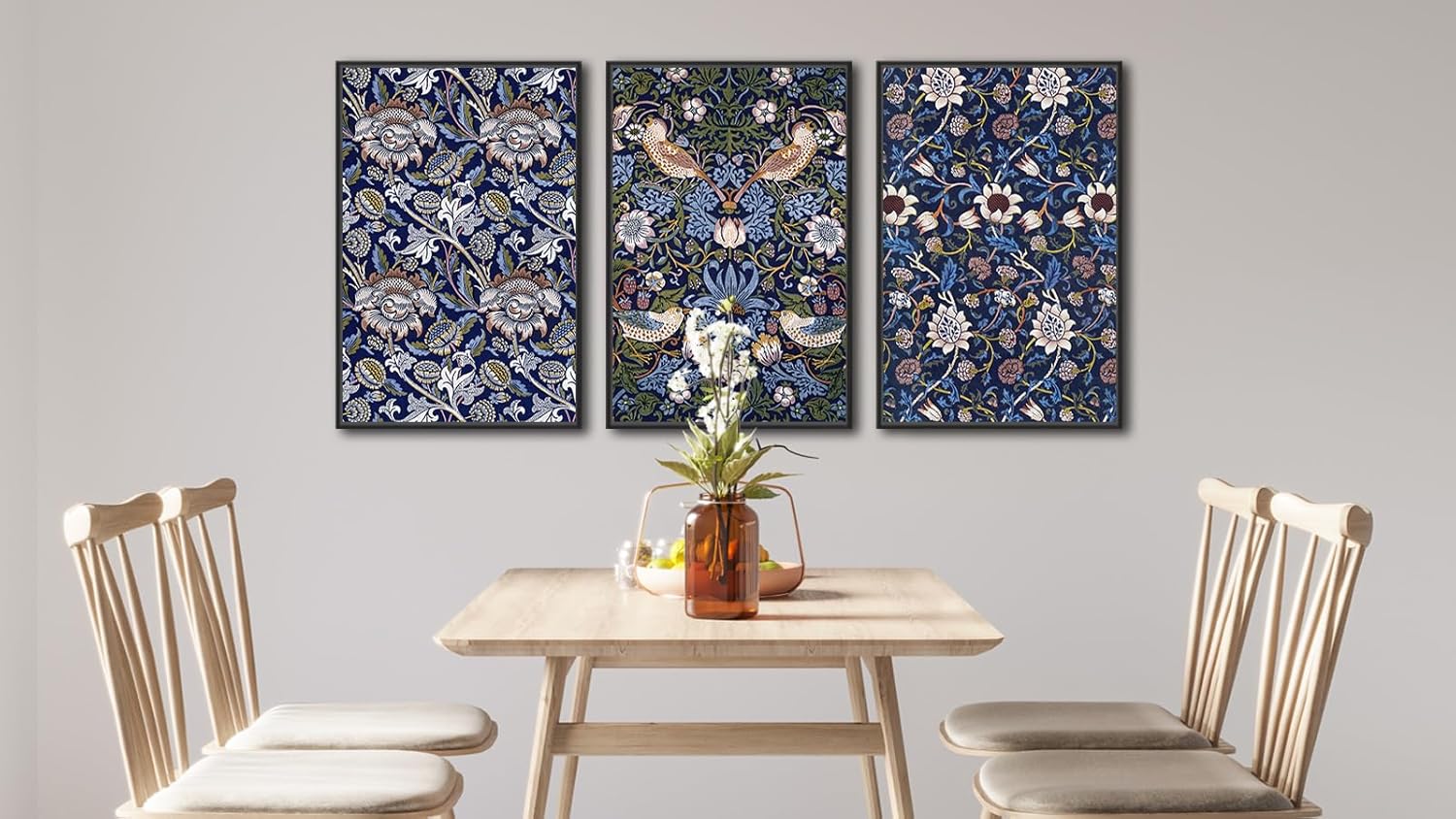 Large Framed Wall Art Flower Pattern by William Morris, Blue Floral Wall Pictures 24"x36"x3 Plants Painting Prints Botanical Canvas Artwork for Living Room Bedroom Home Office Kitchen Decor
