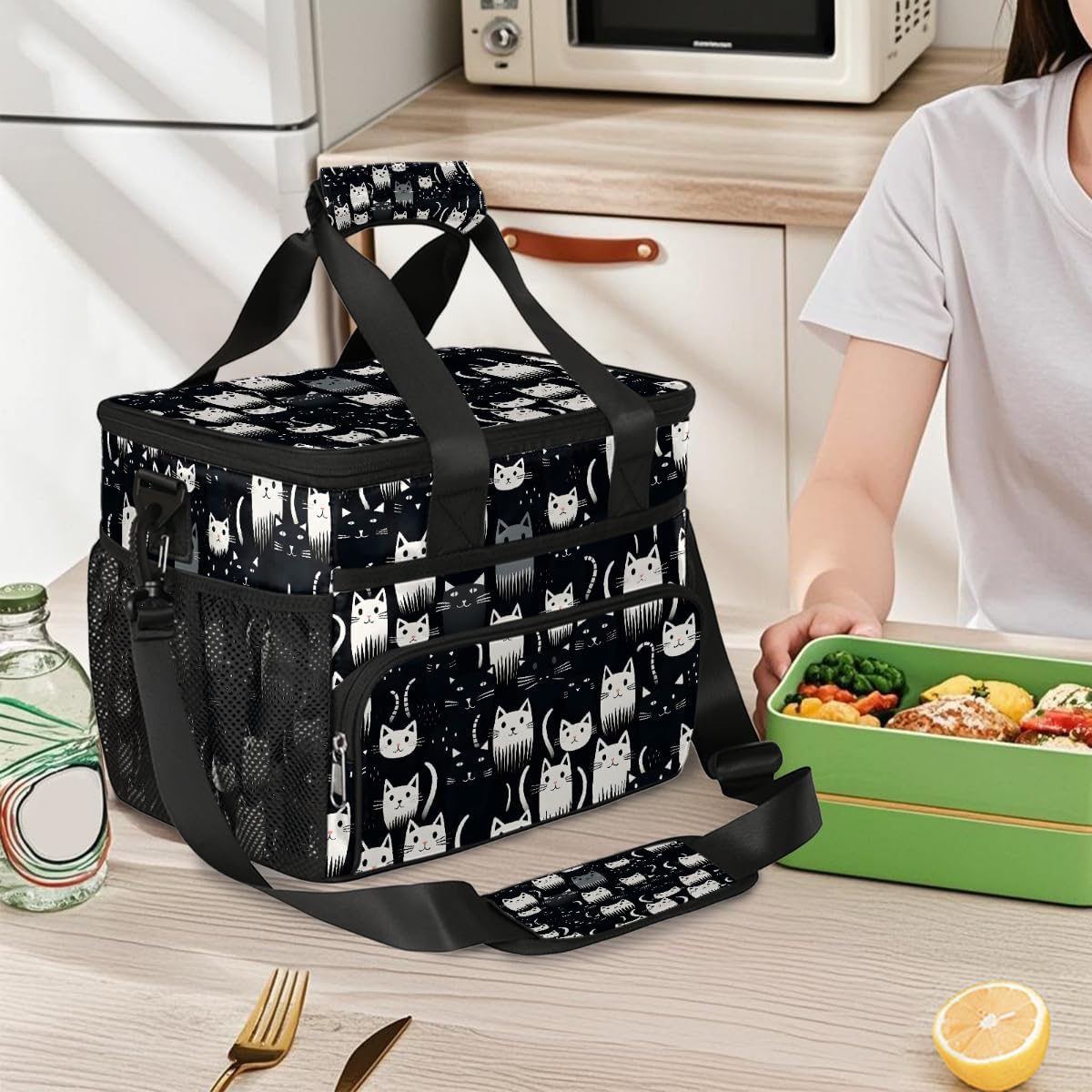 Large Lunch Box for Women Men Insulated Thermal Lunch Tote Bag Cats Black White Reusable Cooler Bag Portable Adult Lunchbox Container with Adjustable Strap for Work Picnic