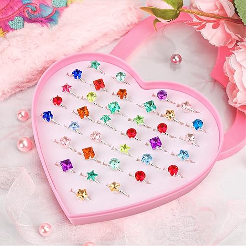 Miniatura 6 de BXDOW 36 anillos de joyería para niñas pequeñas en caja, anillos de juego de simulación y disfraces para niños, lindos anillos de gemas de diamantes