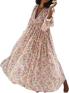 Women Boho Maxi Dress Floral Puff Sleeve V Neck Loose Flowy Long Dress B...