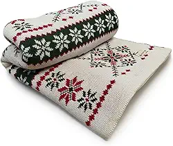 Manta Natalina Tricô Flocos Bege Decorativa Enfeite Natal Sofá Poltrona Sala F8