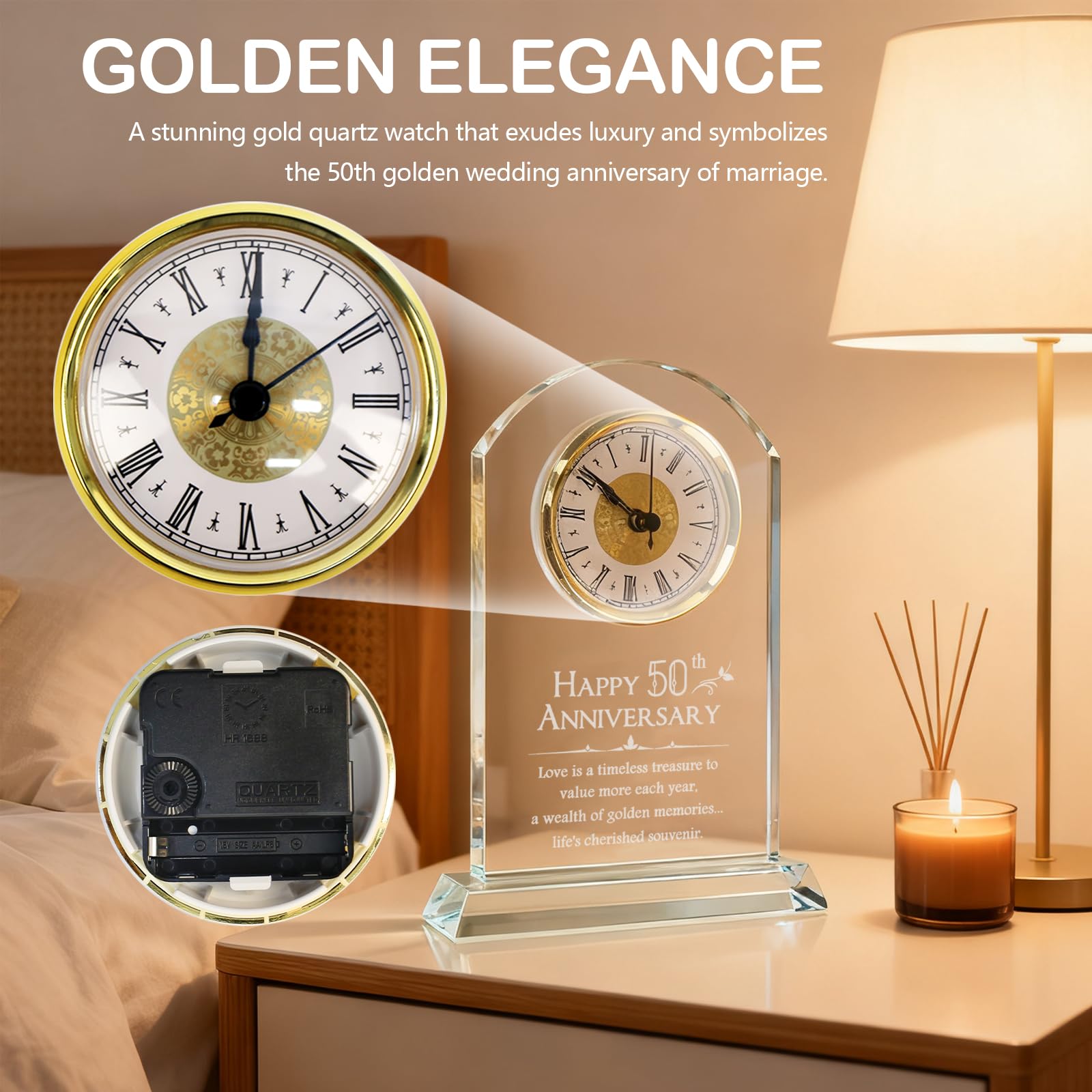 Regalo 50 Anni Matrimonio, Regalo di Anniversario con Orologio al Quarzo Regali per Nozze d'Oro Decorazione con Orologio da Scrivania Dorato Regali per i 50 Anni di Matrimonio per Nonni e Genitori